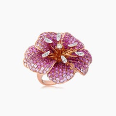 Pink Sapphire White & Fancy Diamond Lilly Flower Flower 18K Rose Gold Ring