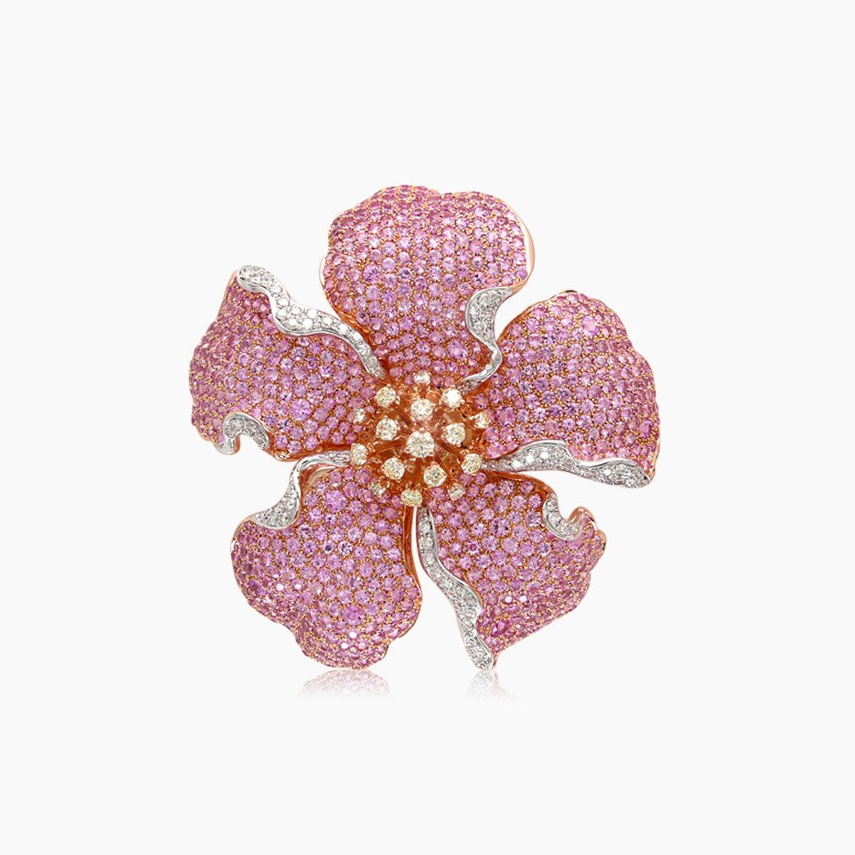 Zafiro Rosa Blanco y Diamante de Fantasía Lilly Flower Anillo de Oro Rosa con Diseño Floral en Nuevo estado para la venta en Oakton, VA
