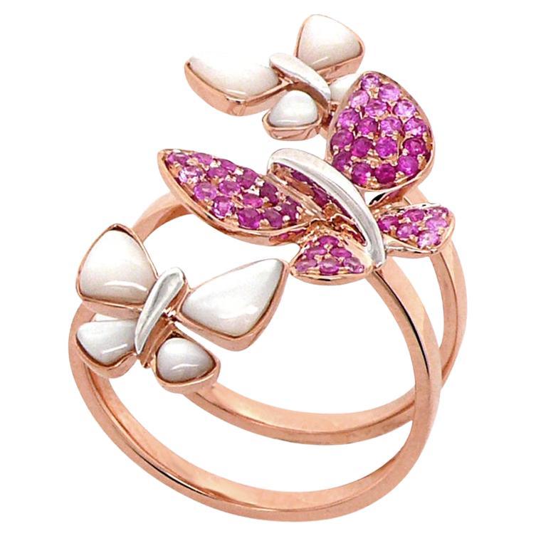 Pink Sapphire & White Pearl Pave Butterfly Sweet 18K Rose Gold Animal Ring