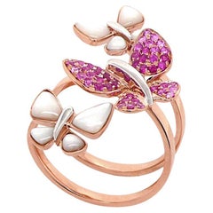 Pink Sapphire & White Pearl Pave Butterfly Sweet 18K Rose Gold Animal Ring