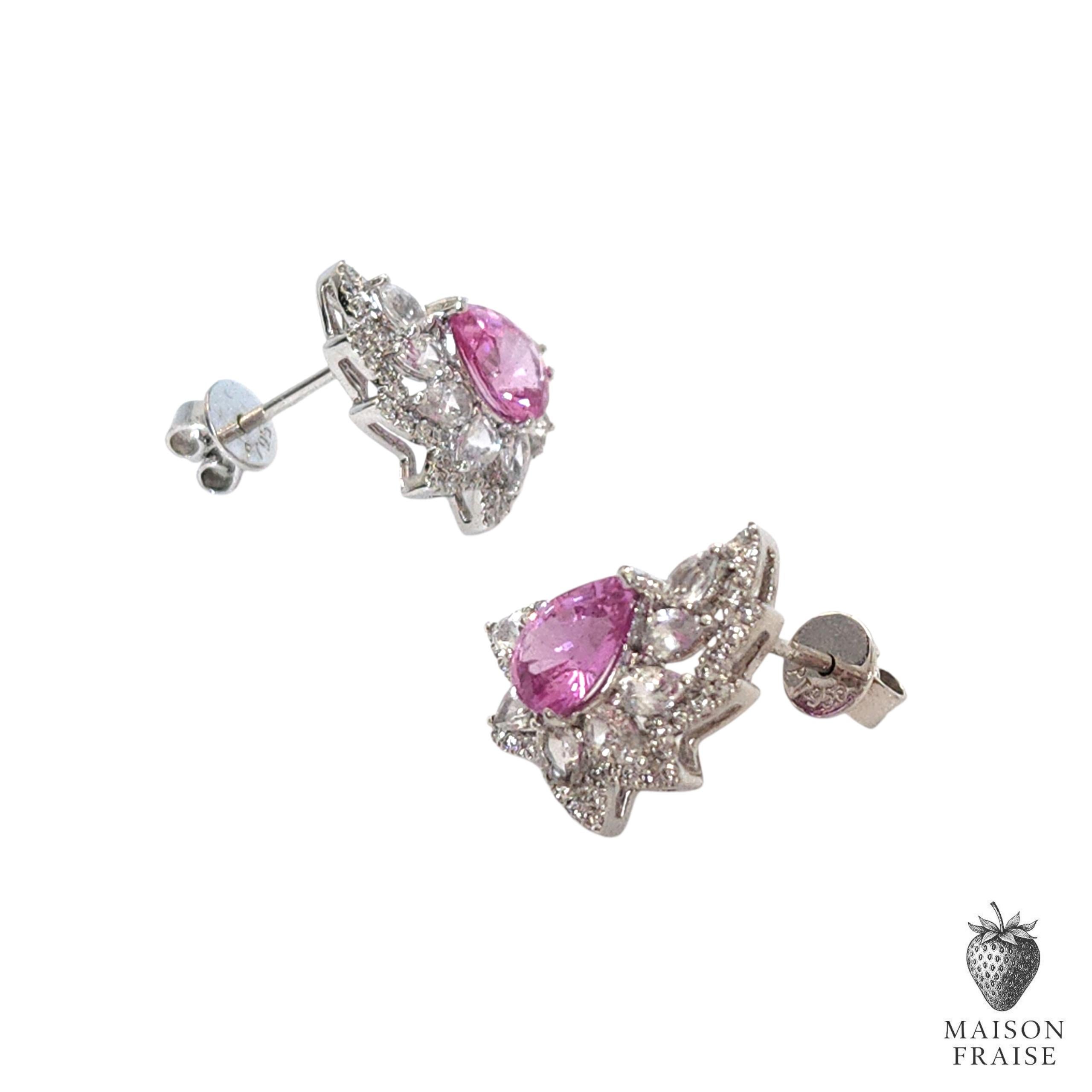 Pink Sapphire, White Sapphire & Diamond Cluster Earrings in Platinum Moderno en venta