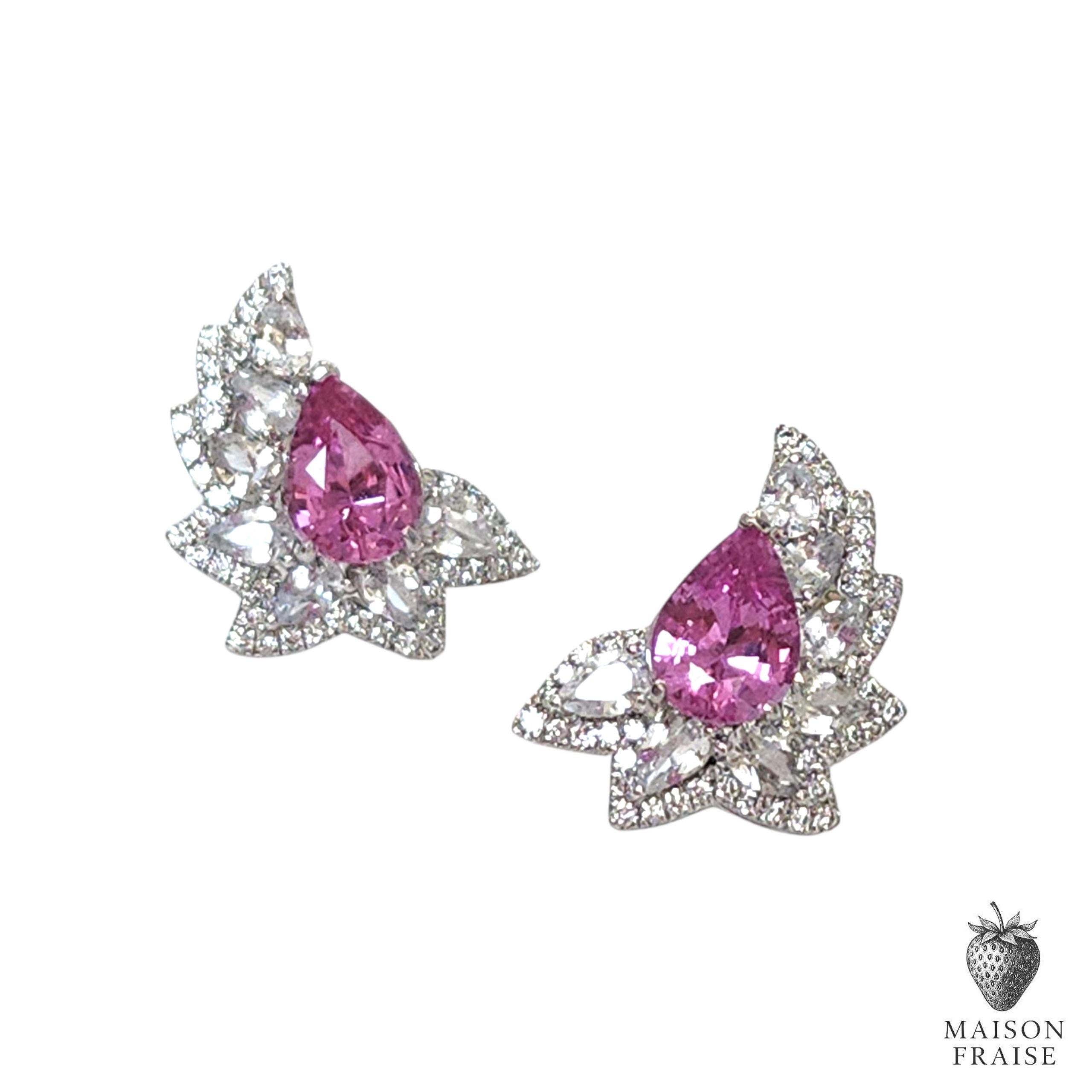 Pink Sapphire, White Sapphire & Diamond Cluster Earrings in Platinum Corte brillante en venta
