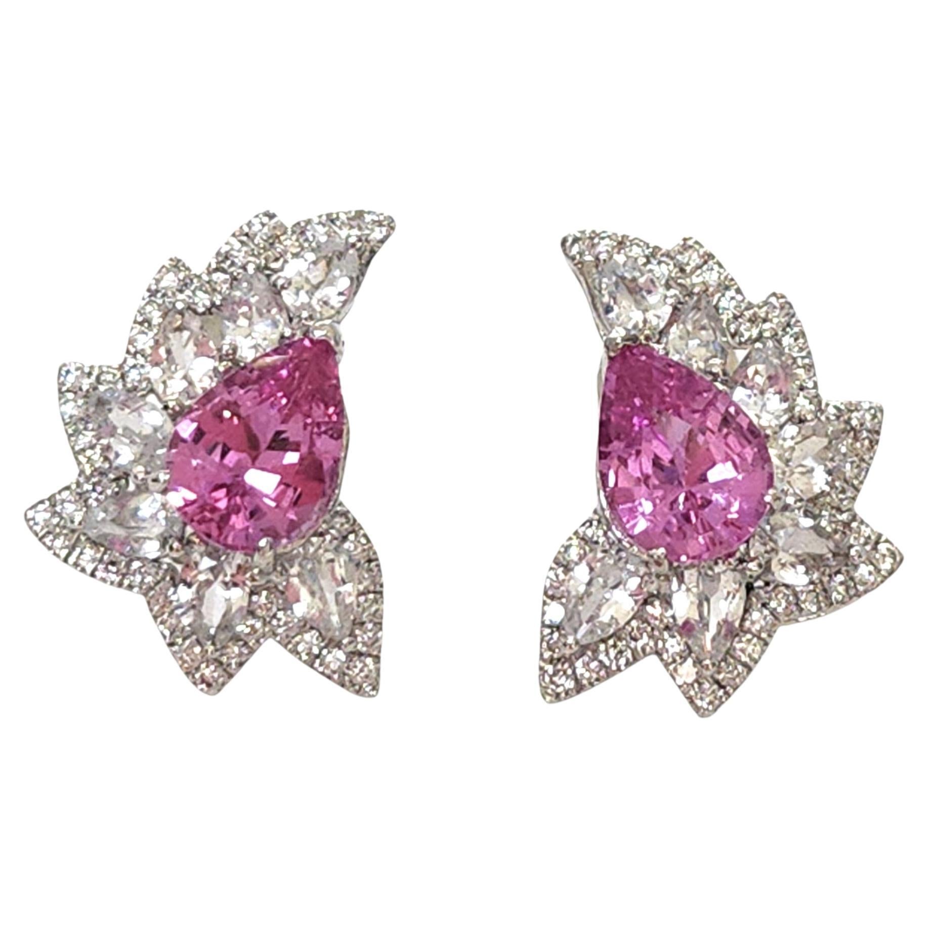 Pink Sapphire, White Sapphire & Diamond Cluster Earrings in Platinum en venta