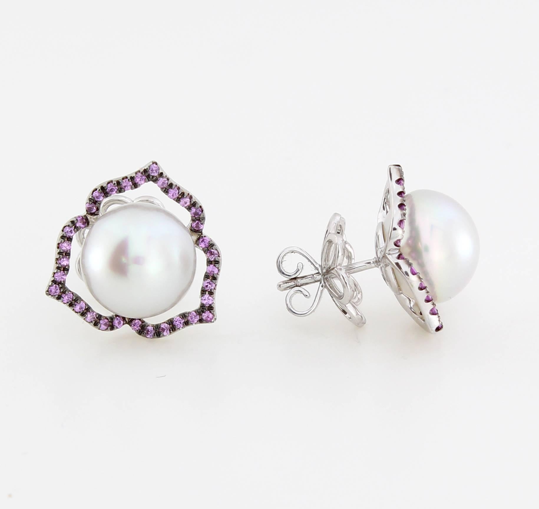 Contemporary Autore Pink Sapphire White South Sea Pearl Stud Earrings