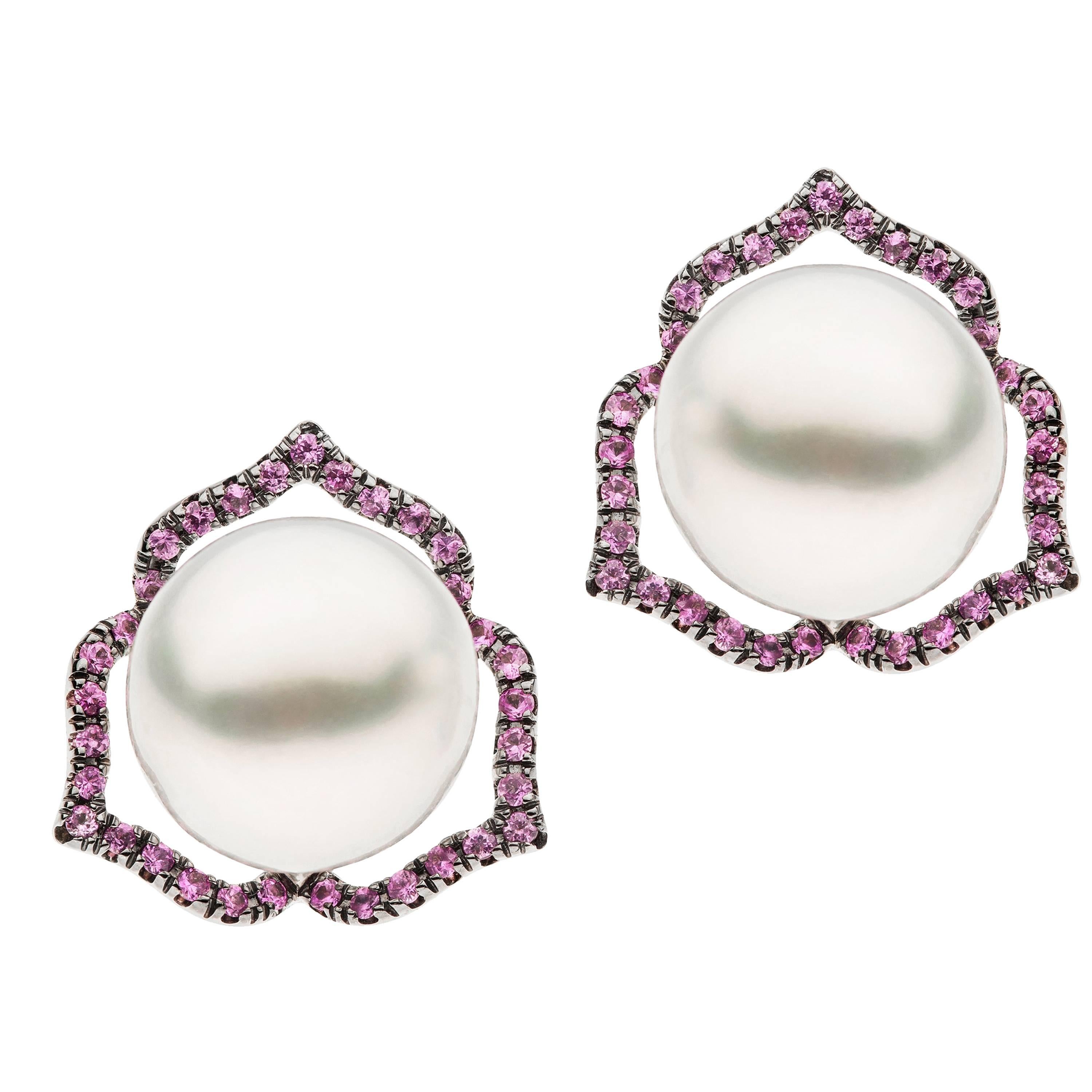 Autore Pink Sapphire White South Sea Pearl Stud Earrings