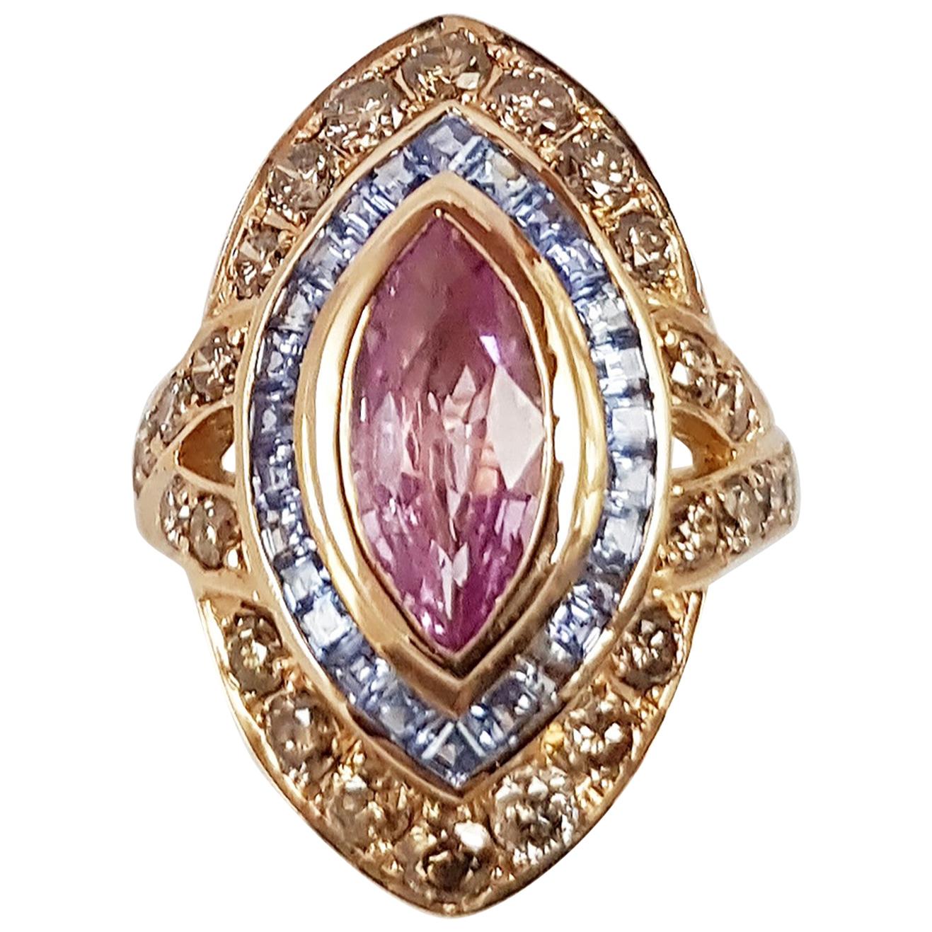 Marquise Pink Sapphire, Blue Sapphire and Brown Diamond Ring in 18K Rose Gold For Sale