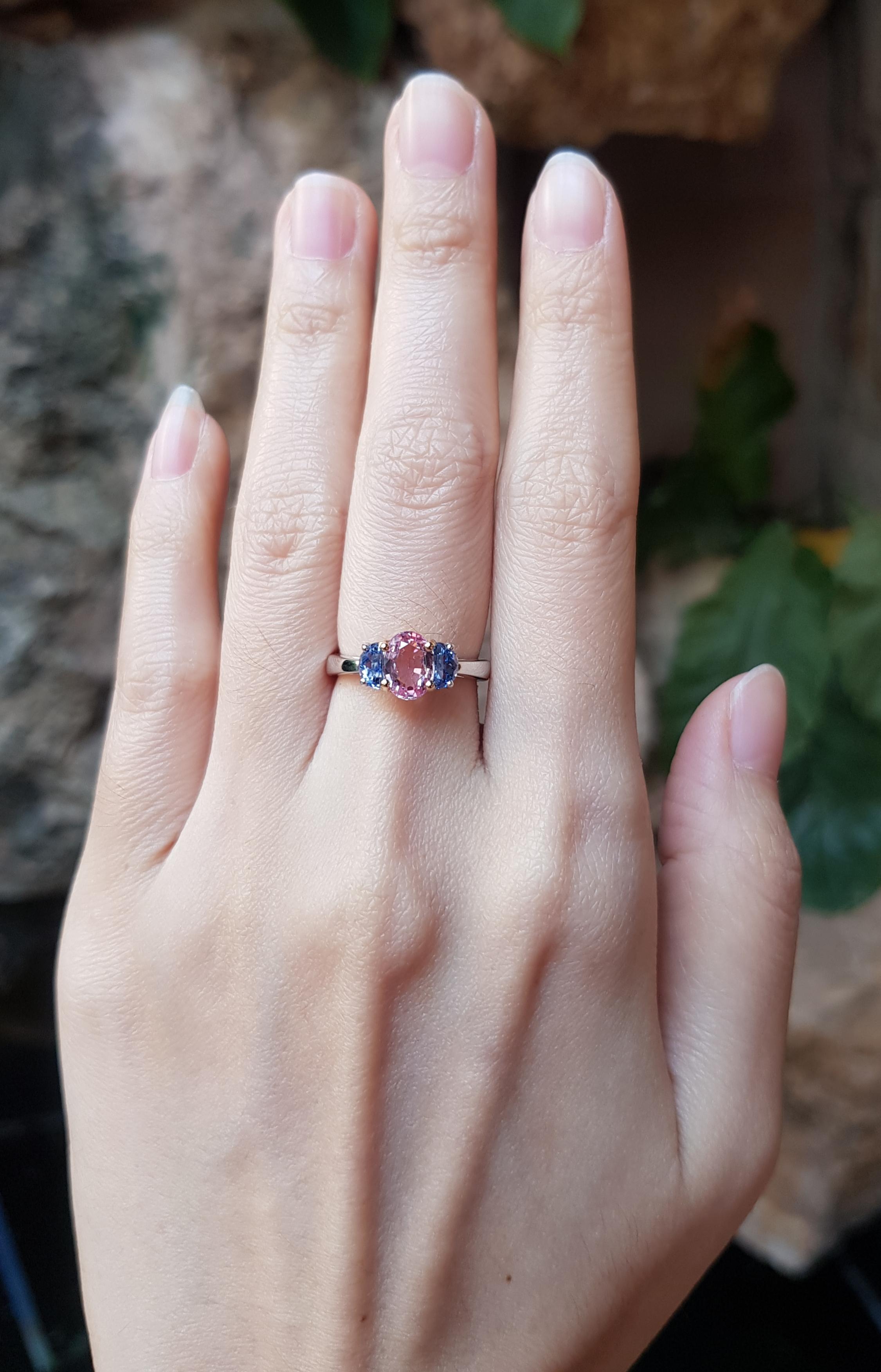 Pink Sapphire 1.26 carats with Blue Sapphire 0.76 carats Ring set in 18 Karat Rose Gold and Platinum 950 Settings

Width:  1.0 cm 
Length: 0.7 cm
Ring Size: 50
Total Weight: 5.27  grams



