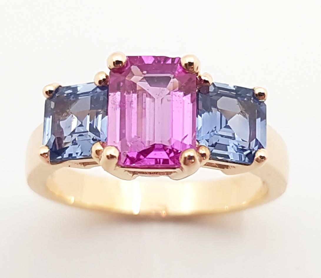 Pink Sapphire with Blue Sapphire Ring Set in 18K Rose Gold Settings For Sale 3