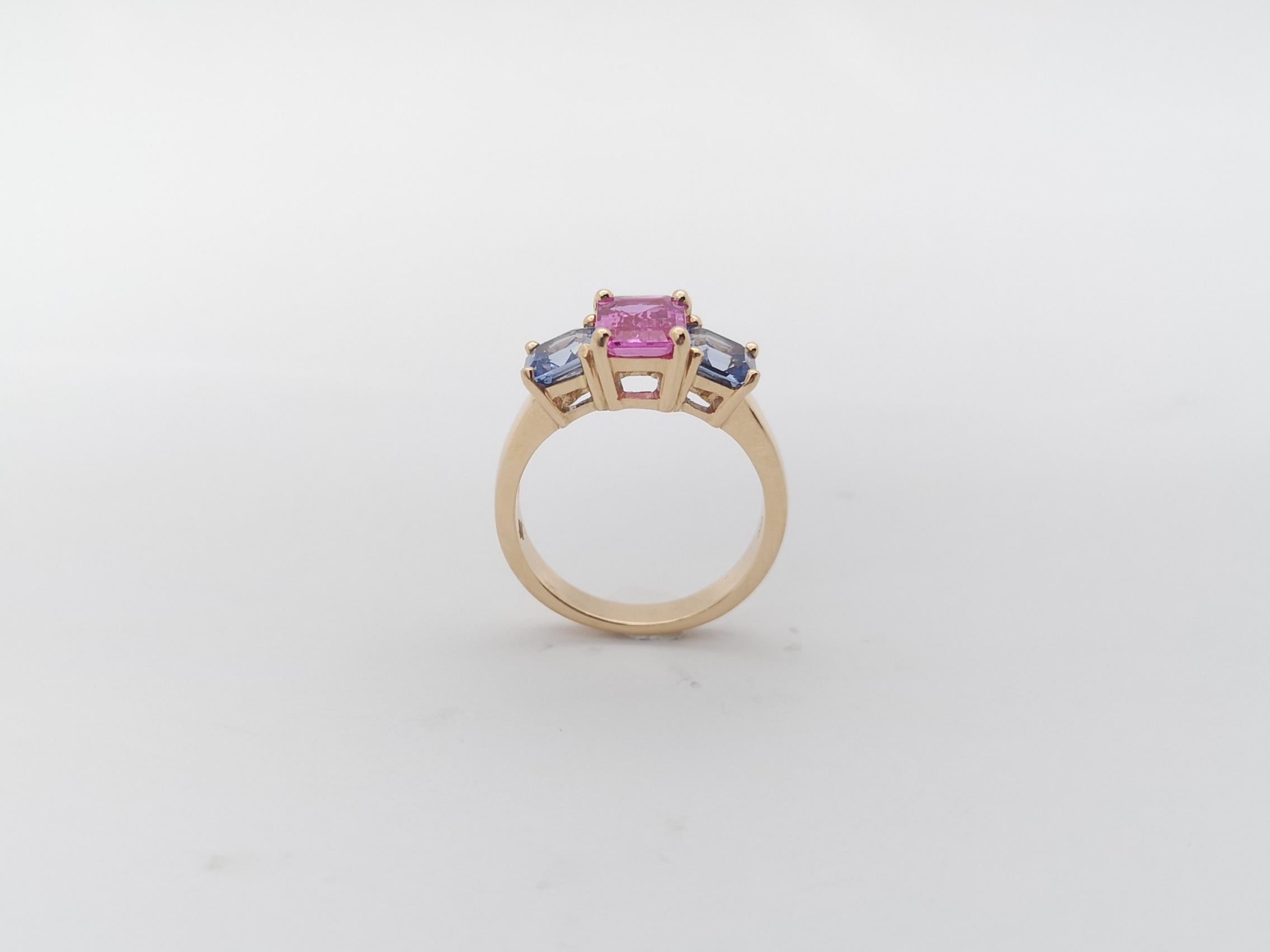 Pink Sapphire with Blue Sapphire Ring Set in 18K Rose Gold Settings For Sale 5