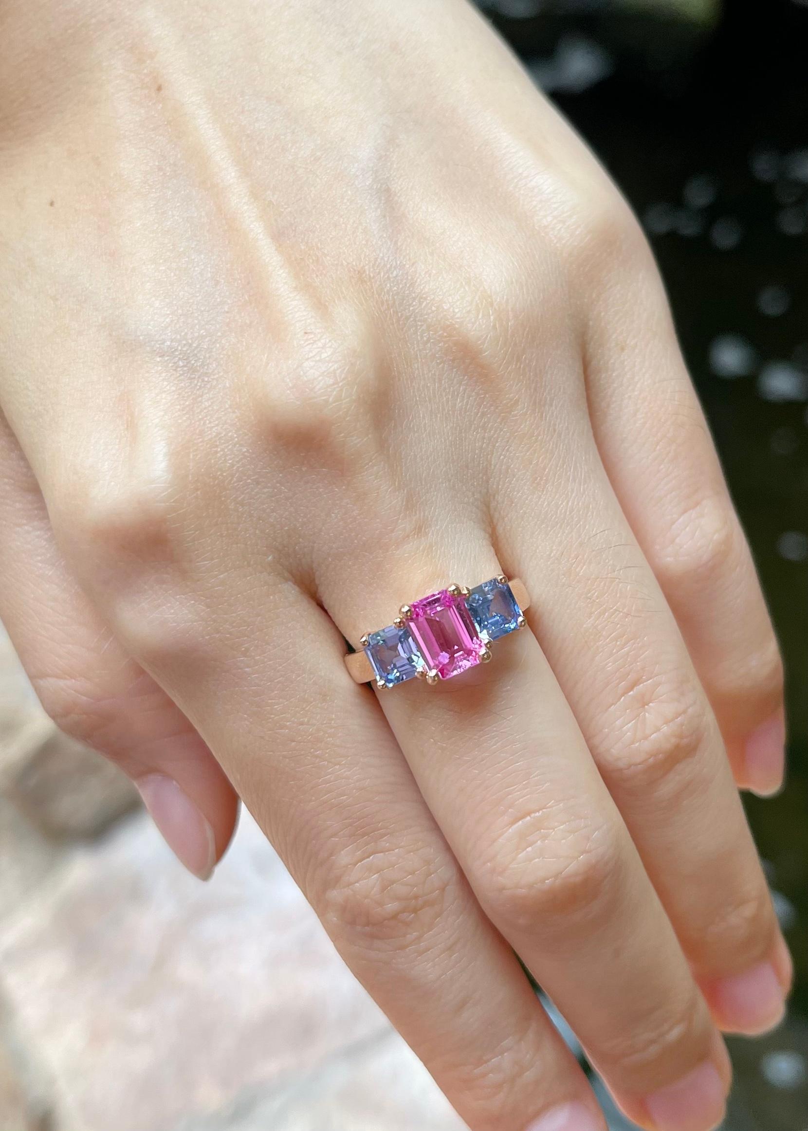 Pink Sapphire 1.44 carats with Blue Sapphire 1.67 carats Ring set in 18K Rose Gold Settings

Width:  1.6 cm 
Length: 0.8 cm
Ring Size: 53
Total Weight: 5.42 grams

