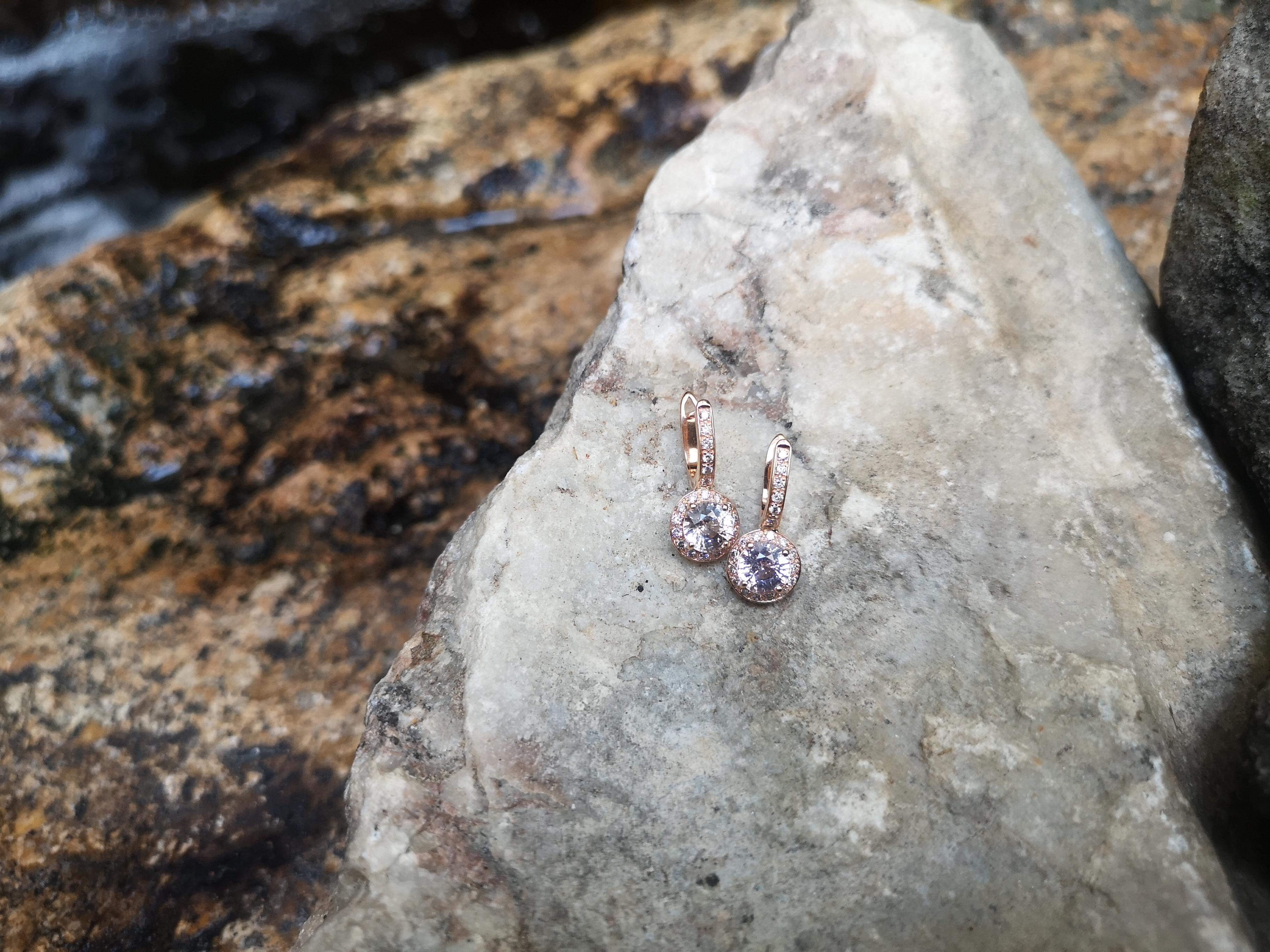Round Cut Pink Sapphire with Brown Diamond Earrings Set in 18 Karat Rose Gold Settings For Sale