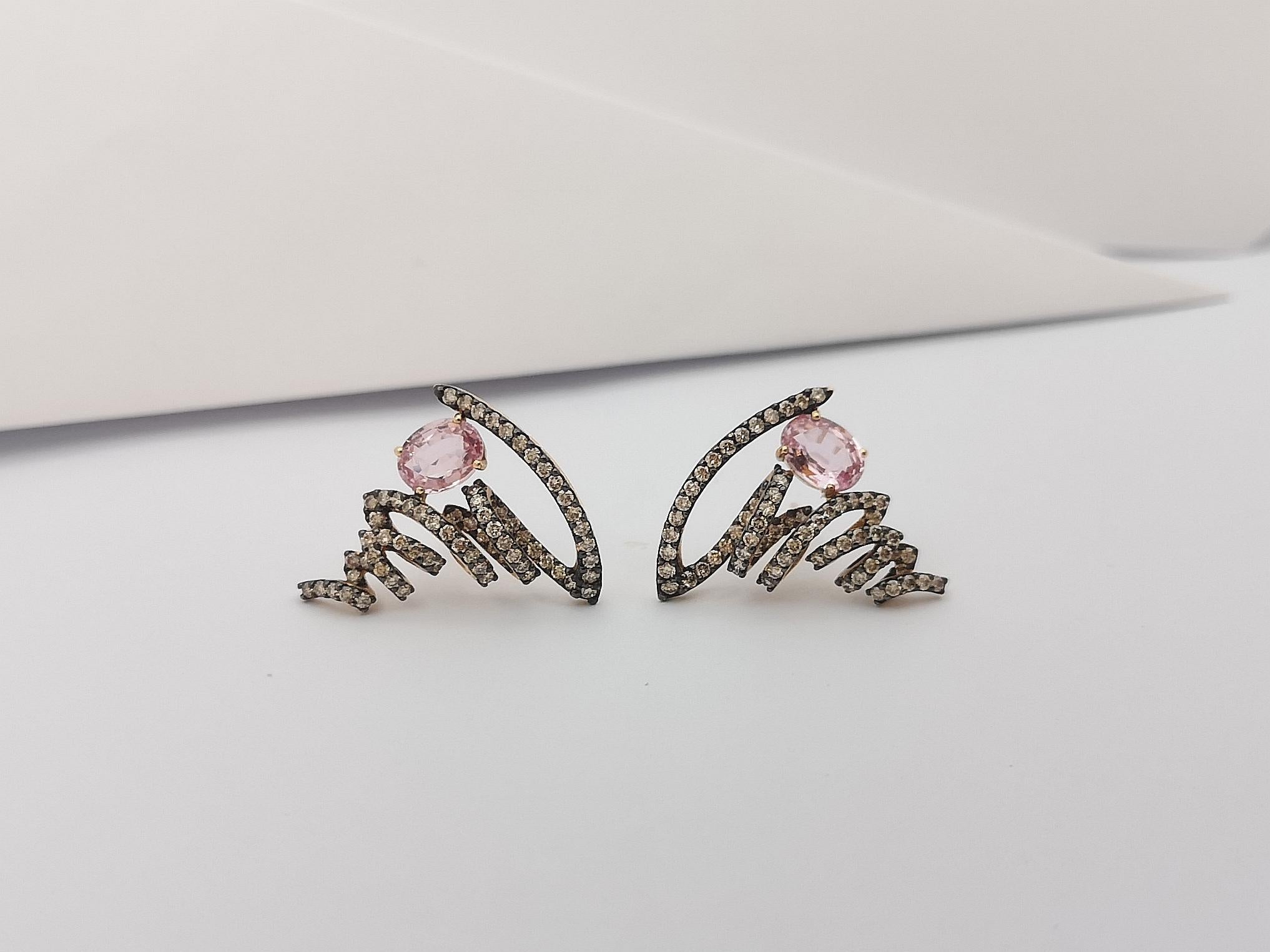 Pink Sapphire with Brown Diamond Earrings Set in 18 Karat Rose Gold Settings For Sale 3