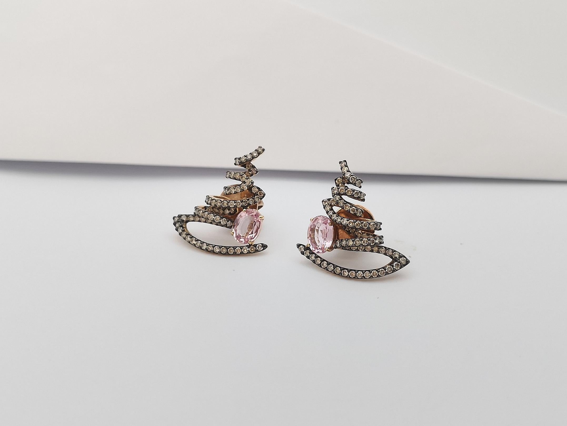 Contemporary Pink Sapphire with Brown Diamond Earrings Set in 18 Karat Rose Gold Settings For Sale