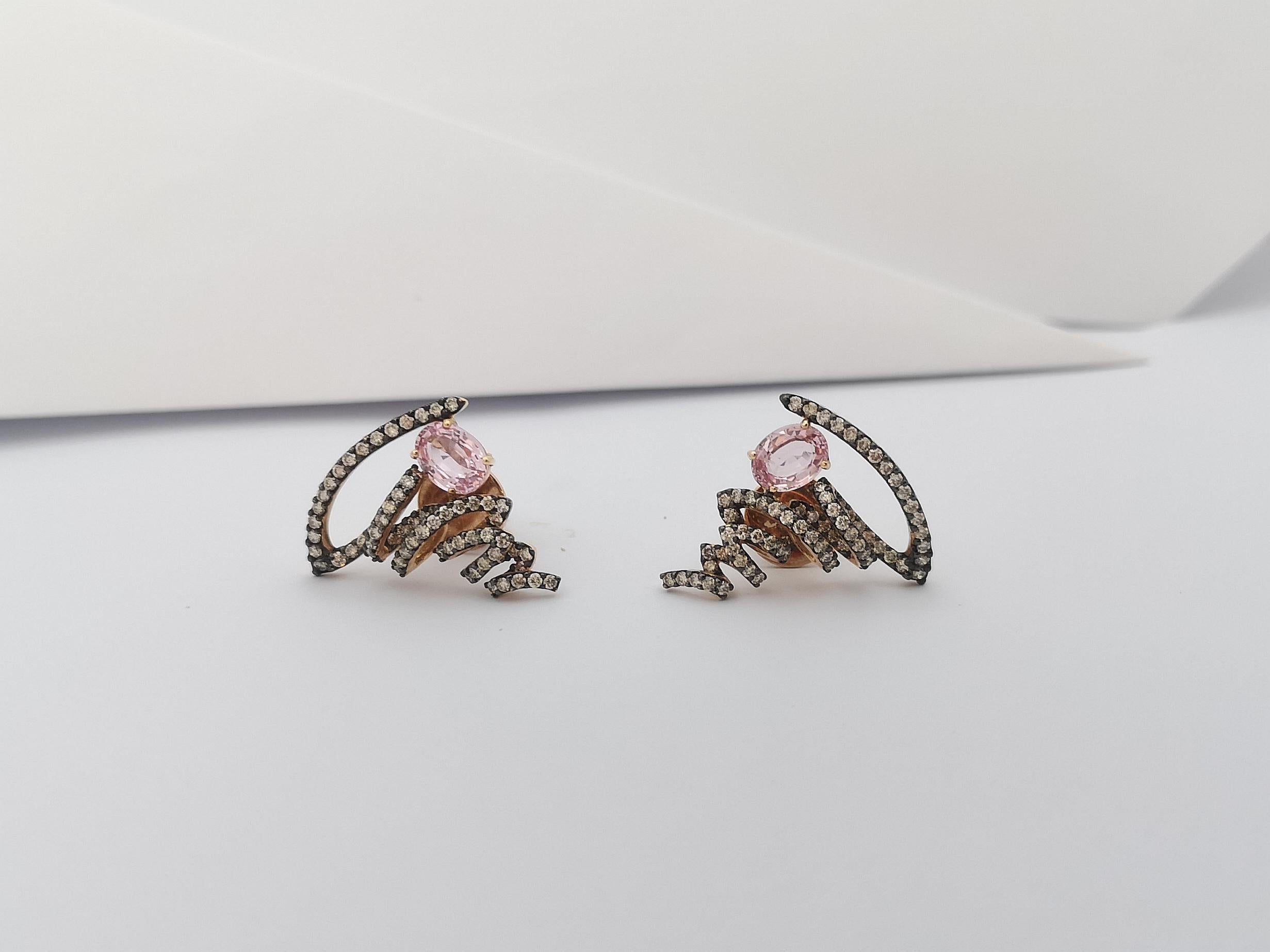 Mixed Cut Pink Sapphire with Brown Diamond Earrings Set in 18 Karat Rose Gold Settings For Sale