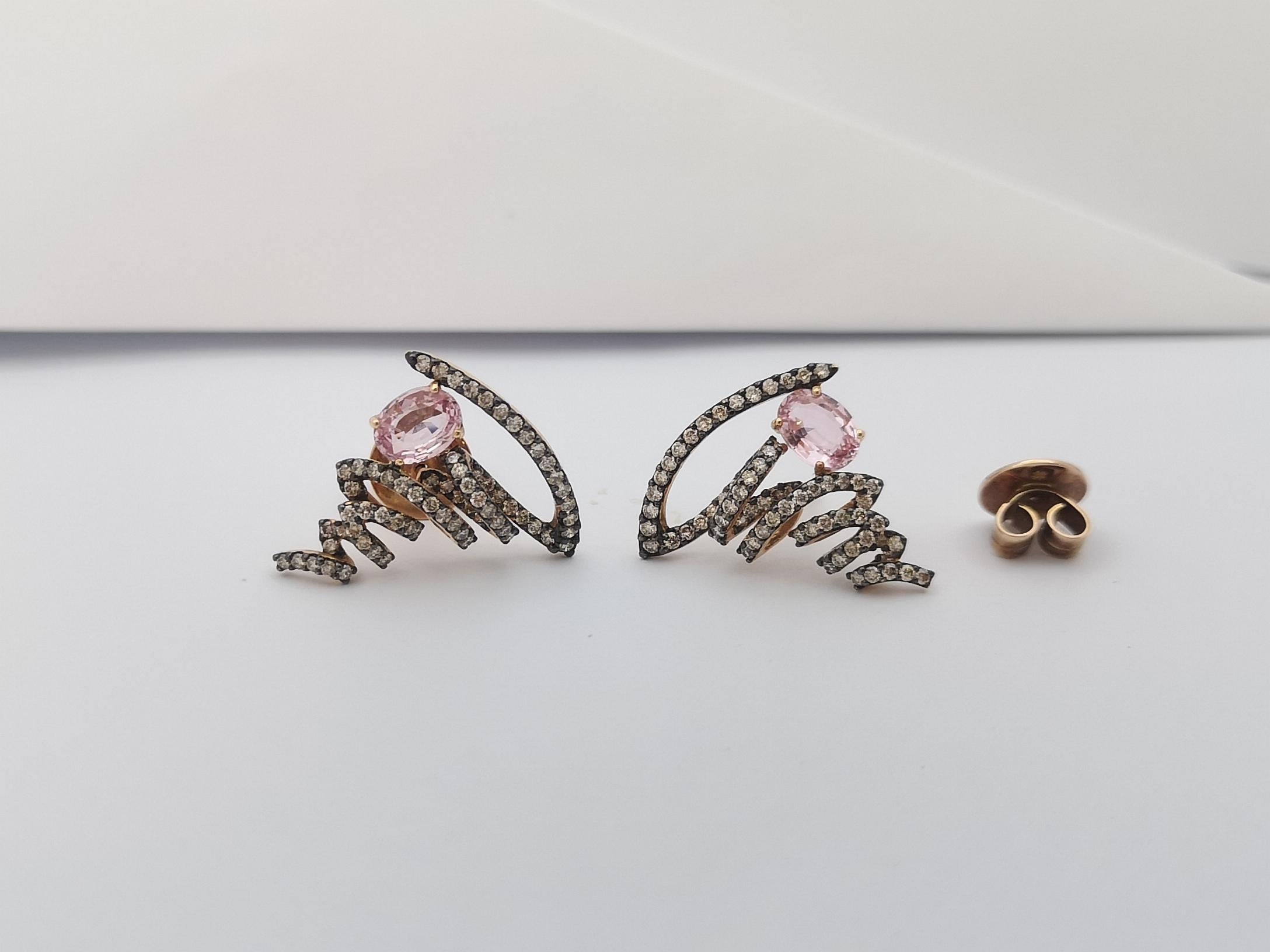 Pink Sapphire with Brown Diamond Earrings Set in 18 Karat Rose Gold Settings For Sale 2