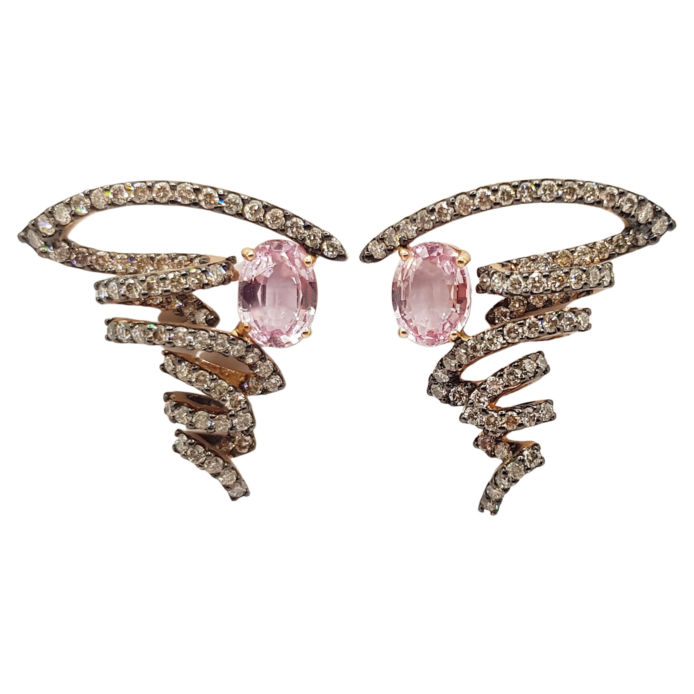 Pink Sapphire with Brown Diamond Earrings Set in 18 Karat Rose Gold Settings For Sale