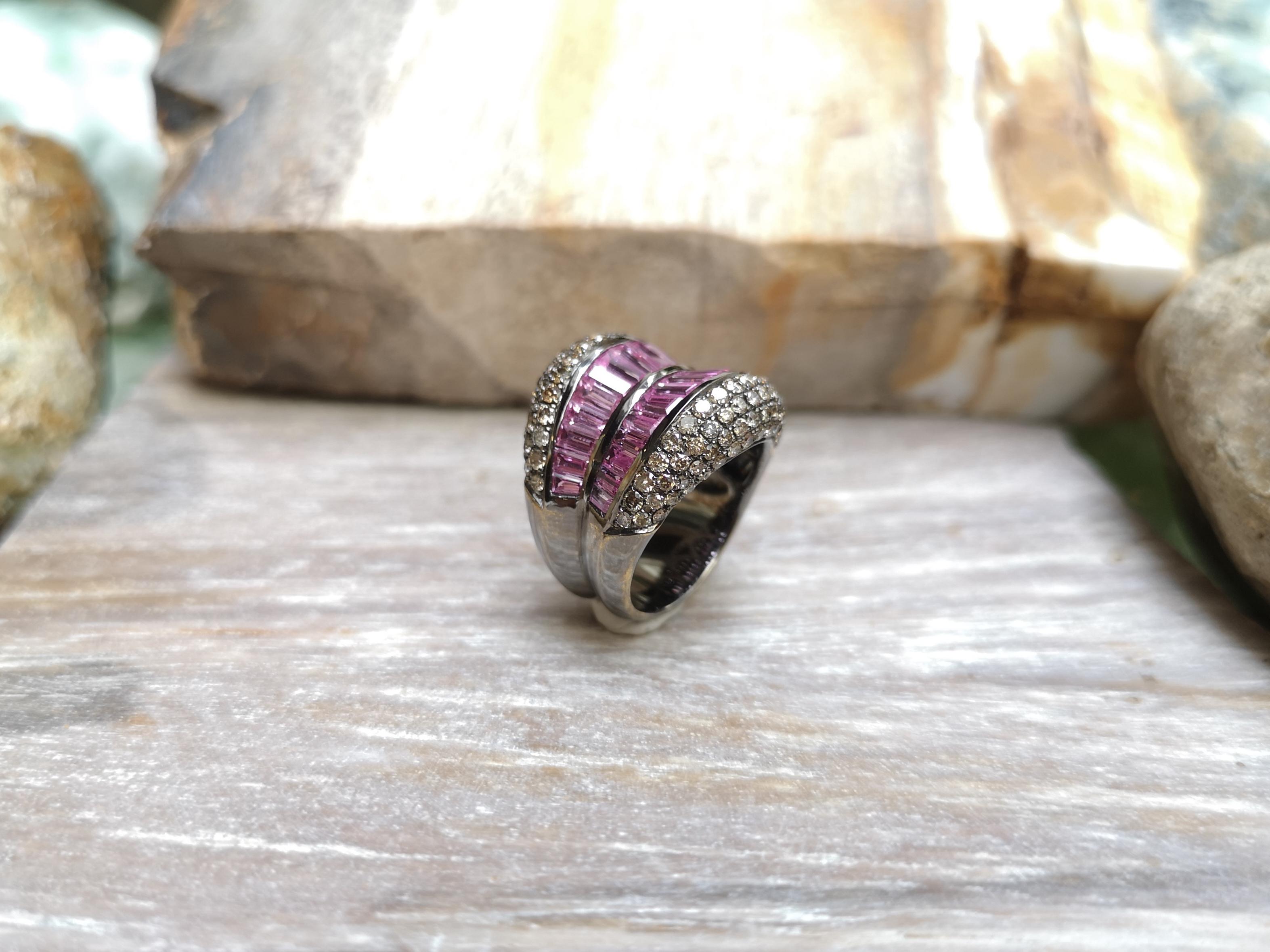 Pink Sapphire with Brown Diamond Ring Set in 18 Karat White Gold Settings For Sale 5