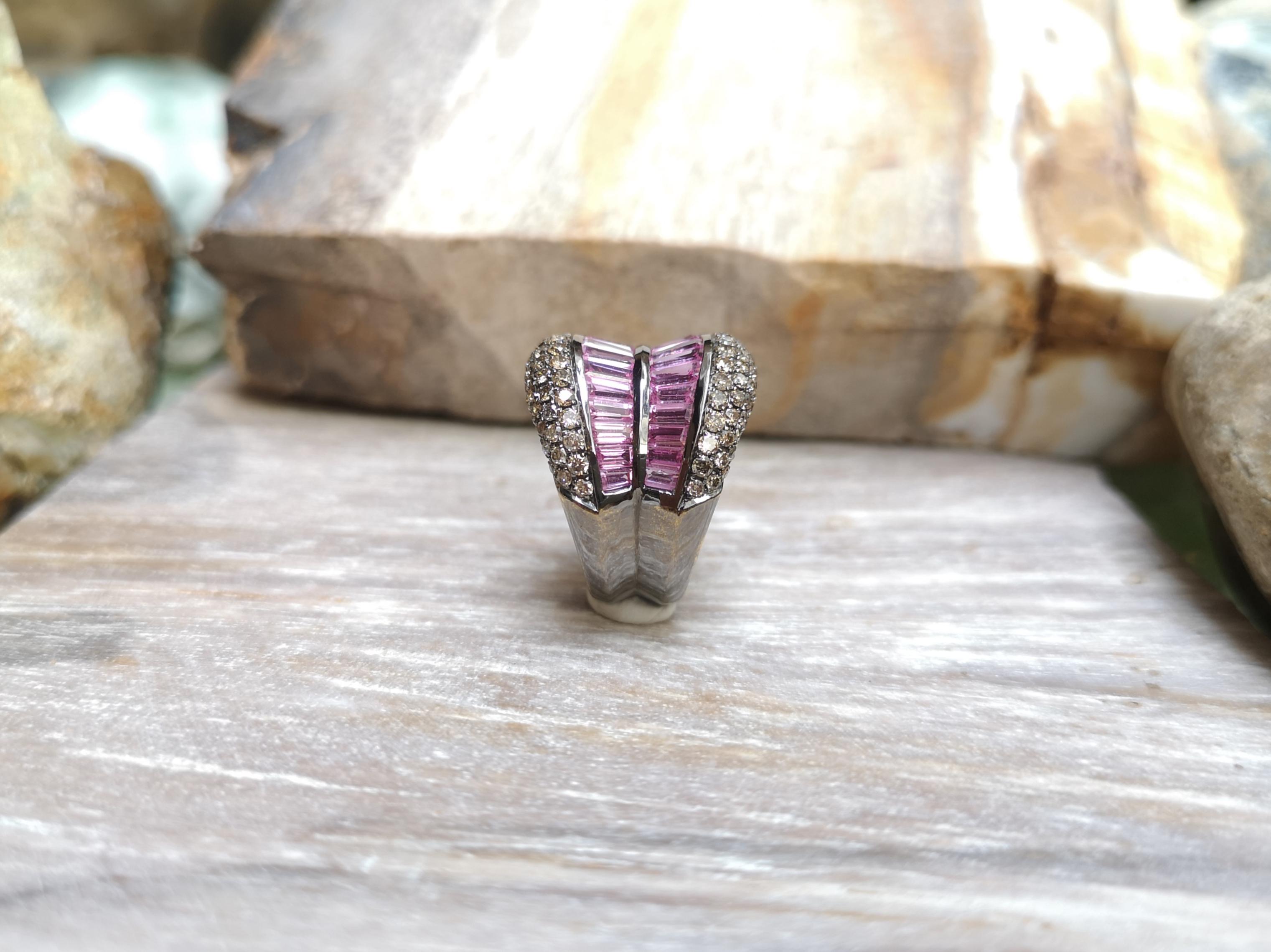 Pink Sapphire with Brown Diamond Ring Set in 18 Karat White Gold Settings For Sale 6