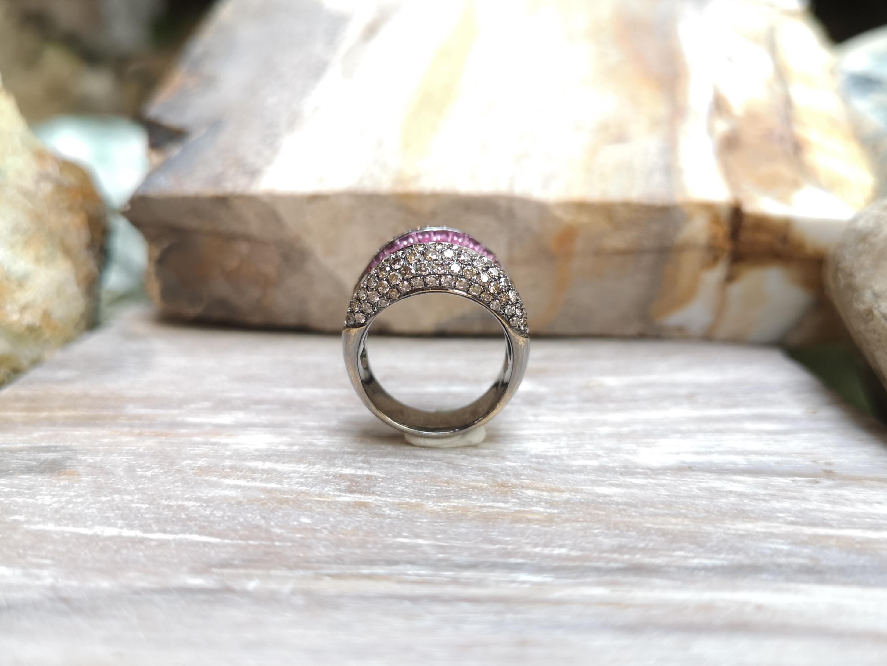 Pink Sapphire with Brown Diamond Ring Set in 18 Karat White Gold Settings For Sale 7