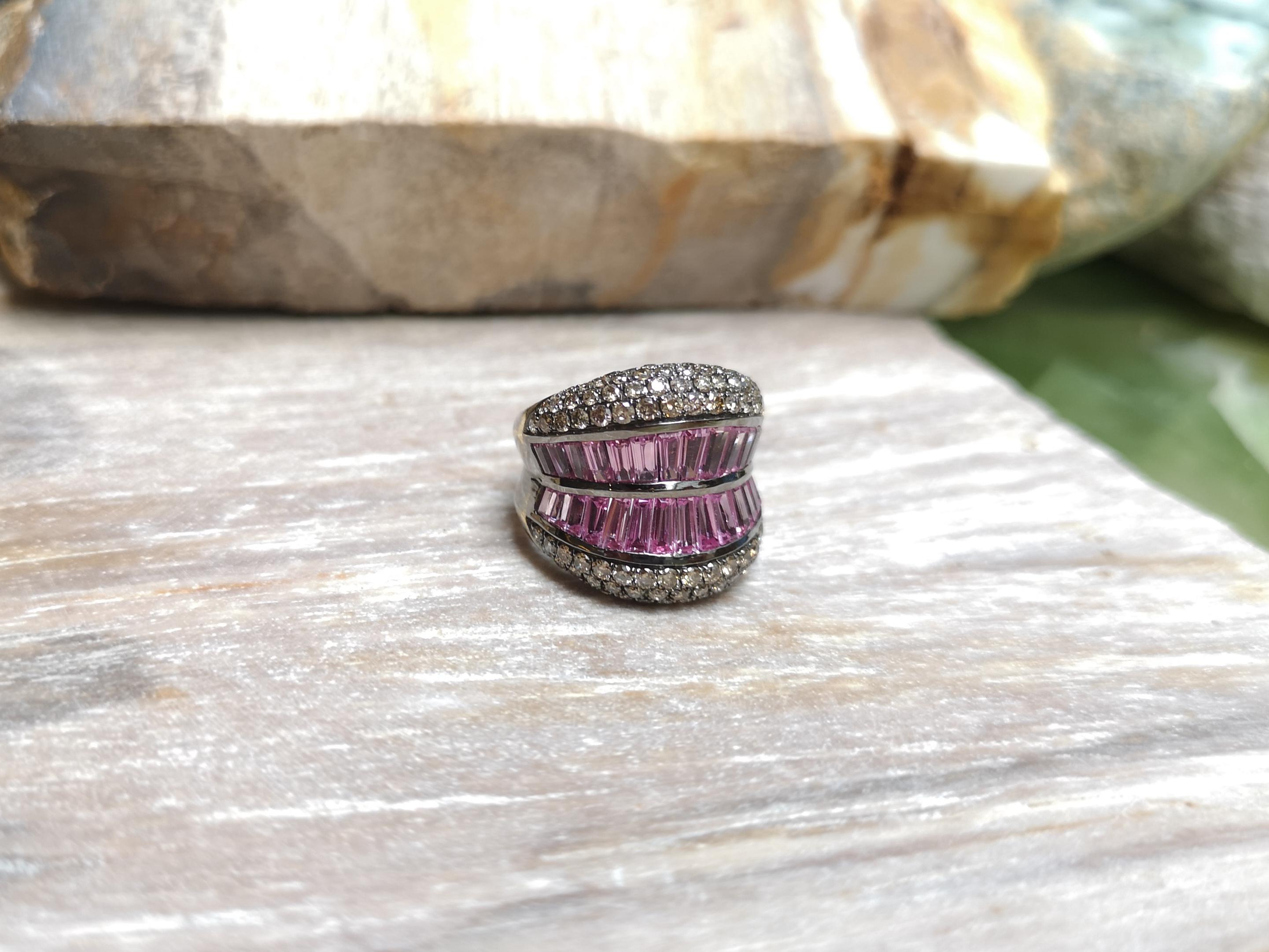 Pink Sapphire with Brown Diamond Ring Set in 18 Karat White Gold Settings For Sale 3