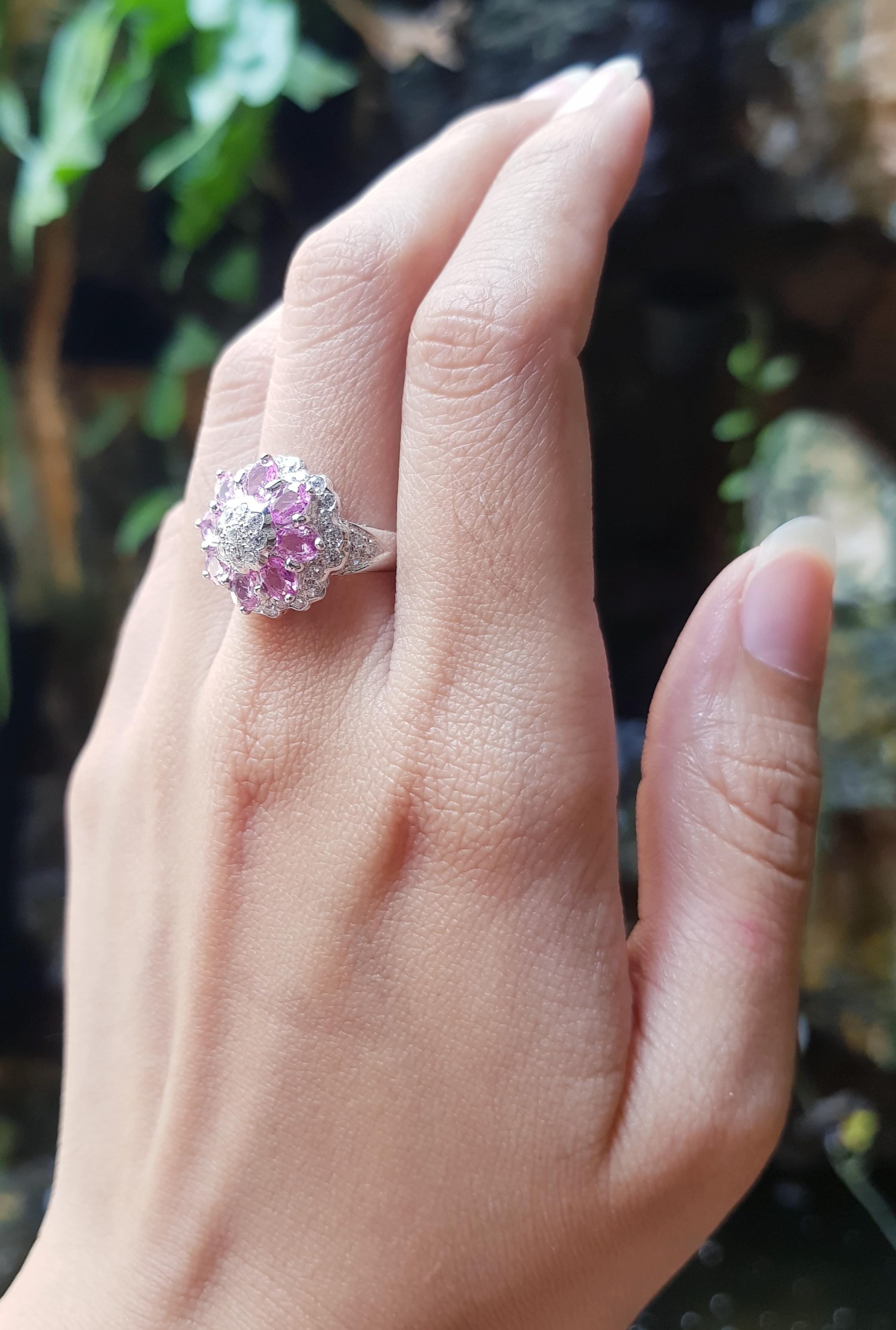 Mixed Cut Pink Sapphire with Cubic Zirconia Ring set in Silver Settings For Sale