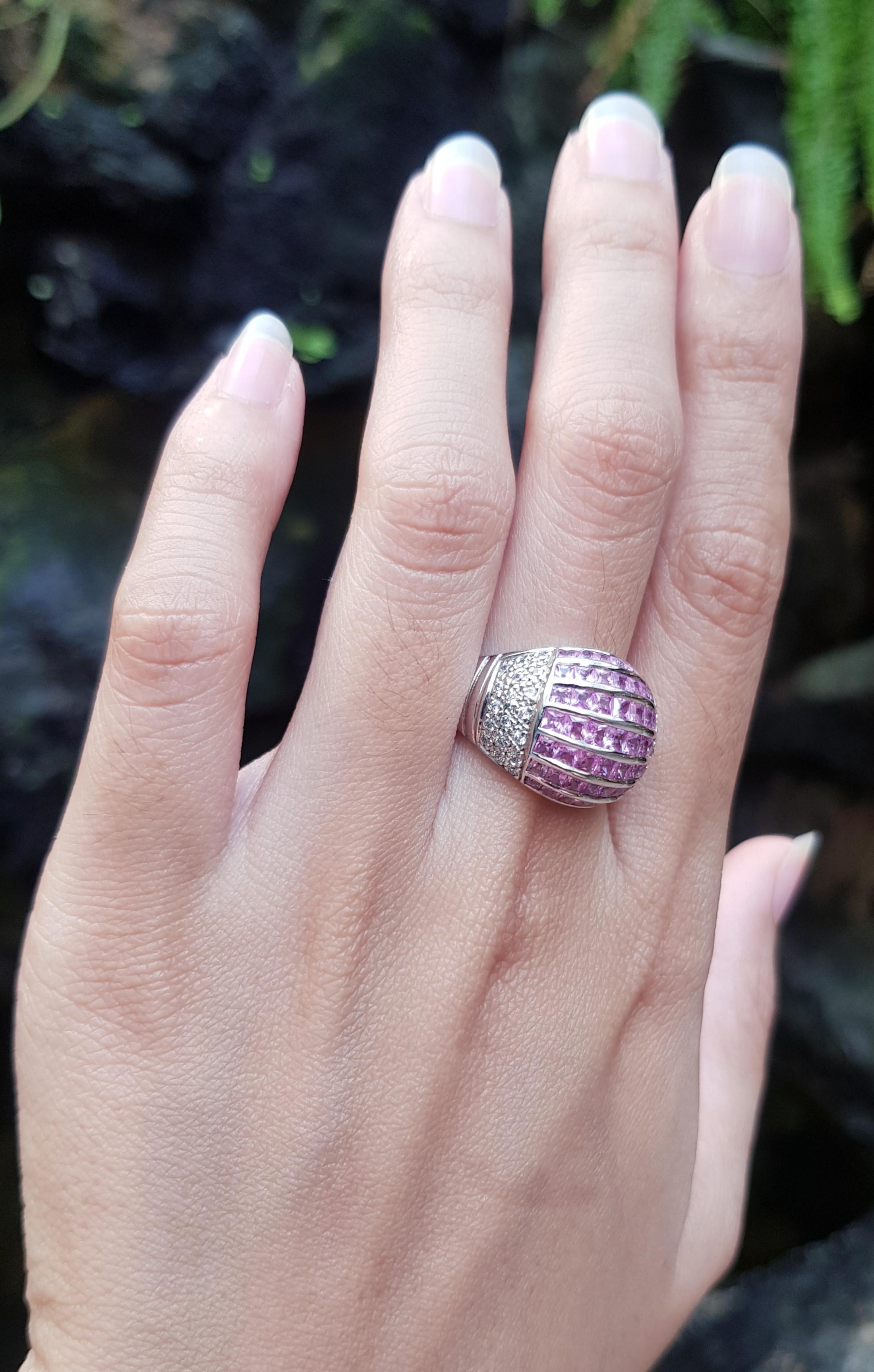 Square Cut Pink Sapphire with Cubic Zirconia Ring set in Silver Settings For Sale