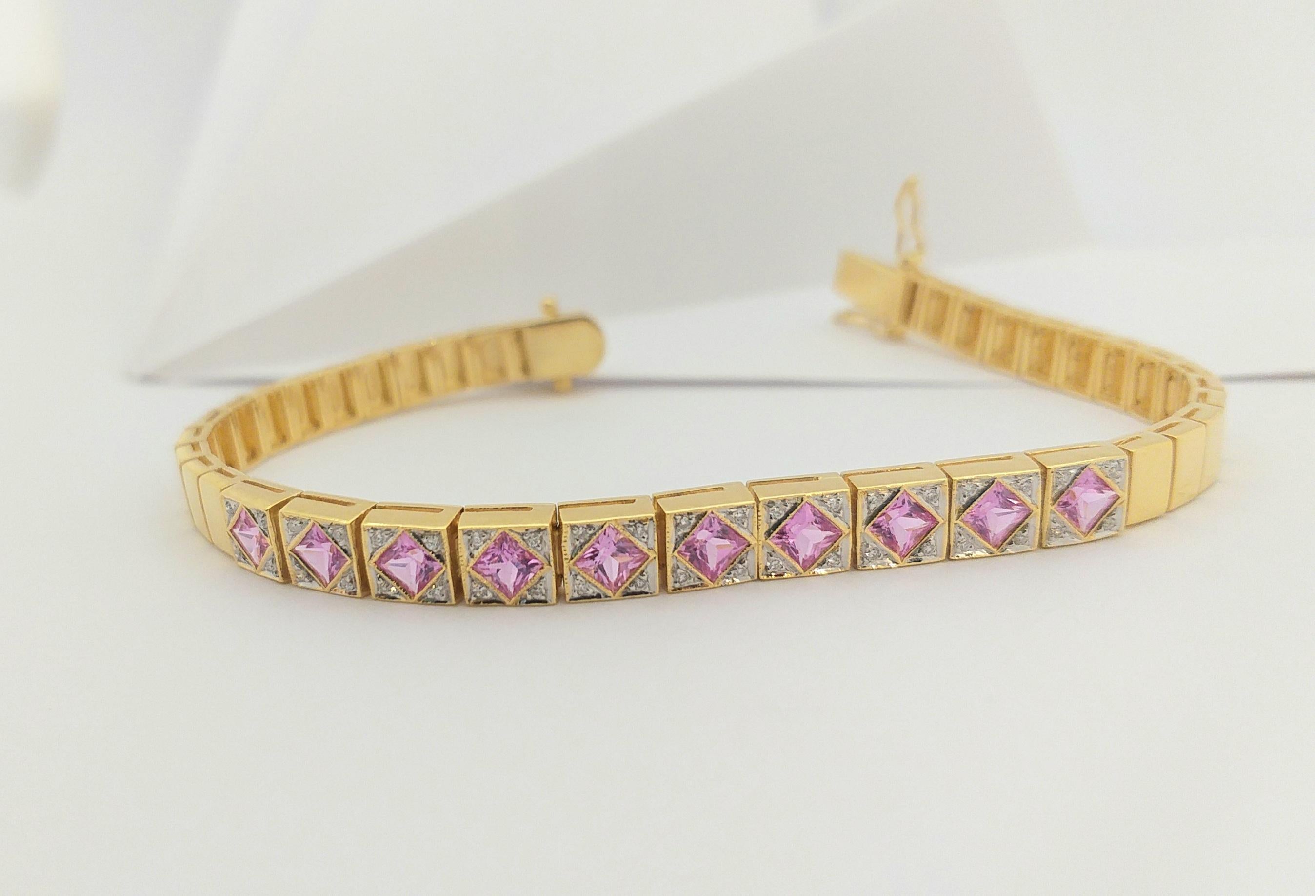 Pink Sapphire with Diamond Bracelet Set in 18 Karat Gold Settings For Sale 4