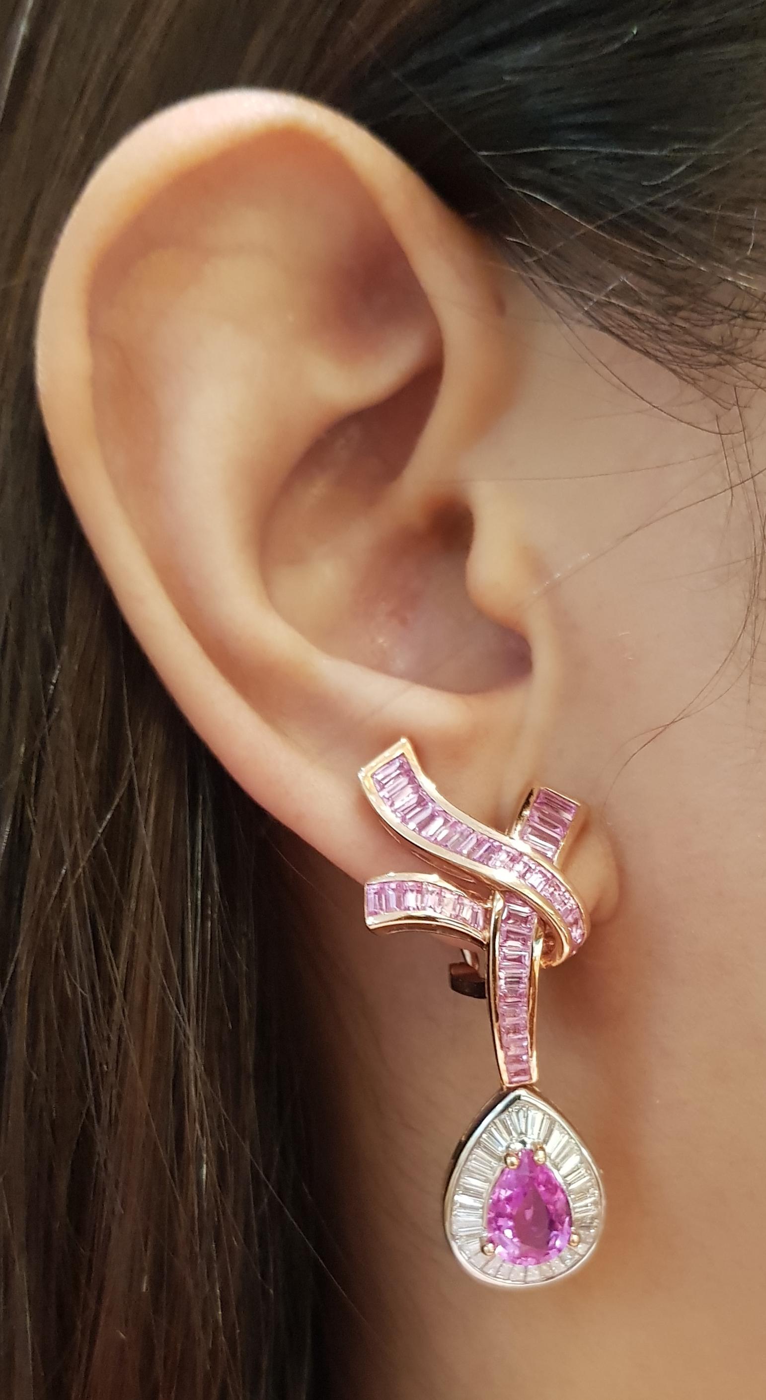 Pink Sapphire 4.0 carats with Diamond 1.12 carats and Pink Sapphire 6.47 carats Earrings set in 18 Karat Rose Gold Settings

Width:  1.9 cm 
Length:  4.2 cm
Total Weight: 14.0 grams

