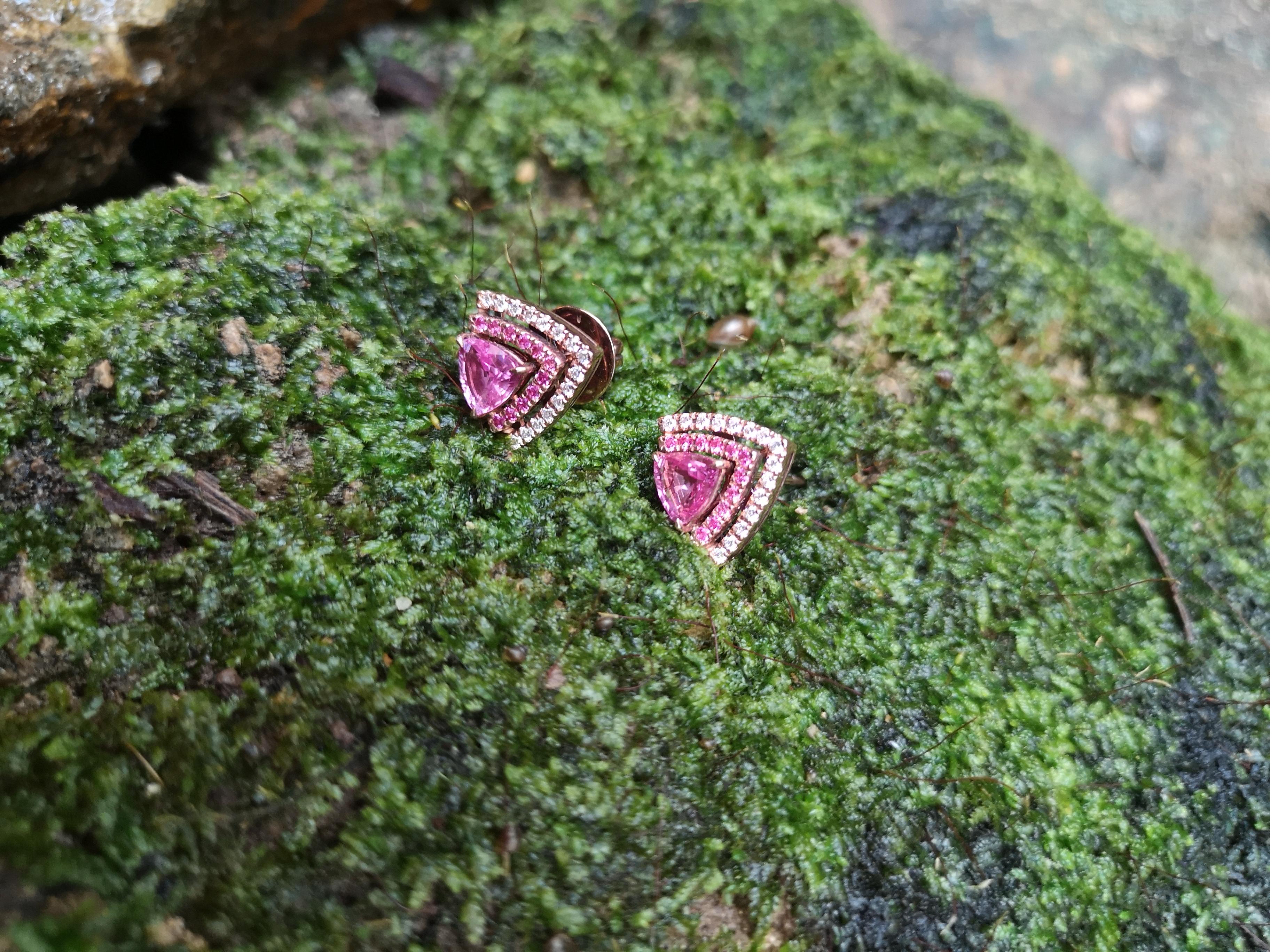 Contemporary Pink Sapphire with Diamond Earrings Set in 18 Karat Rose Gold Settings For Sale