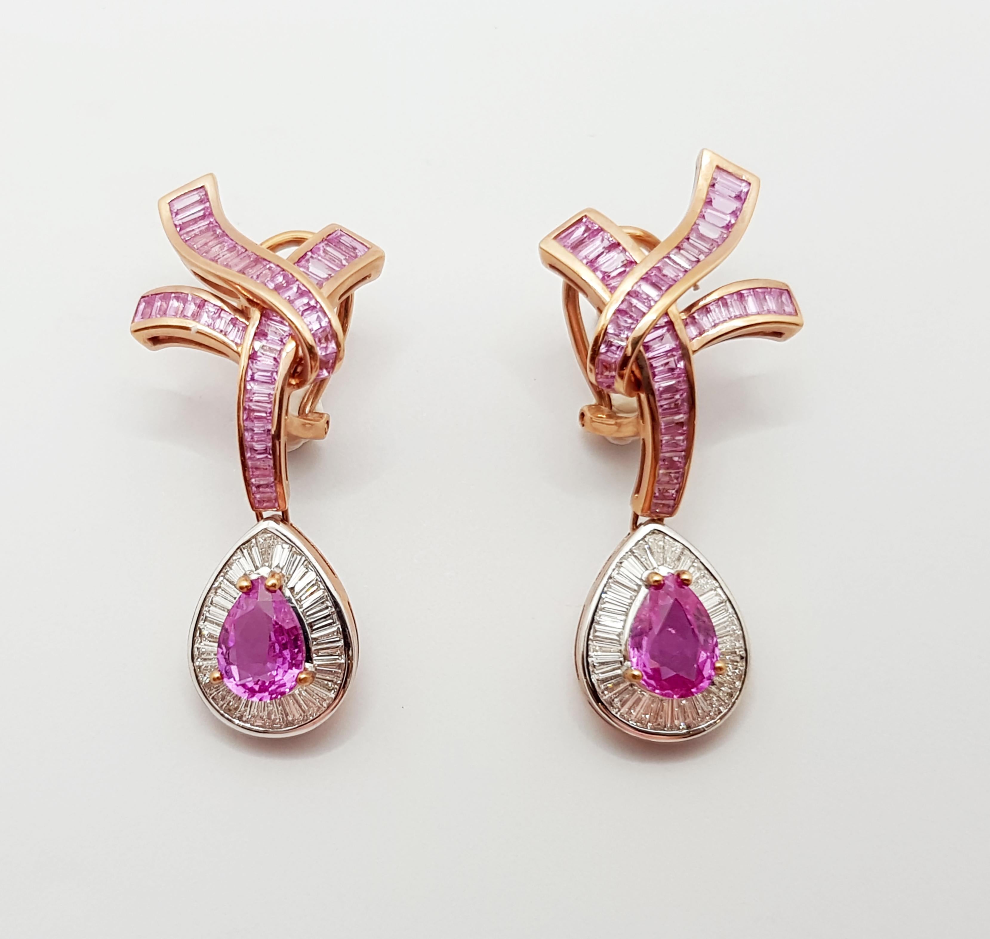 Contemporary Pink Sapphire with Diamond Earrings Set in 18 Karat Rose Gold Settings For Sale