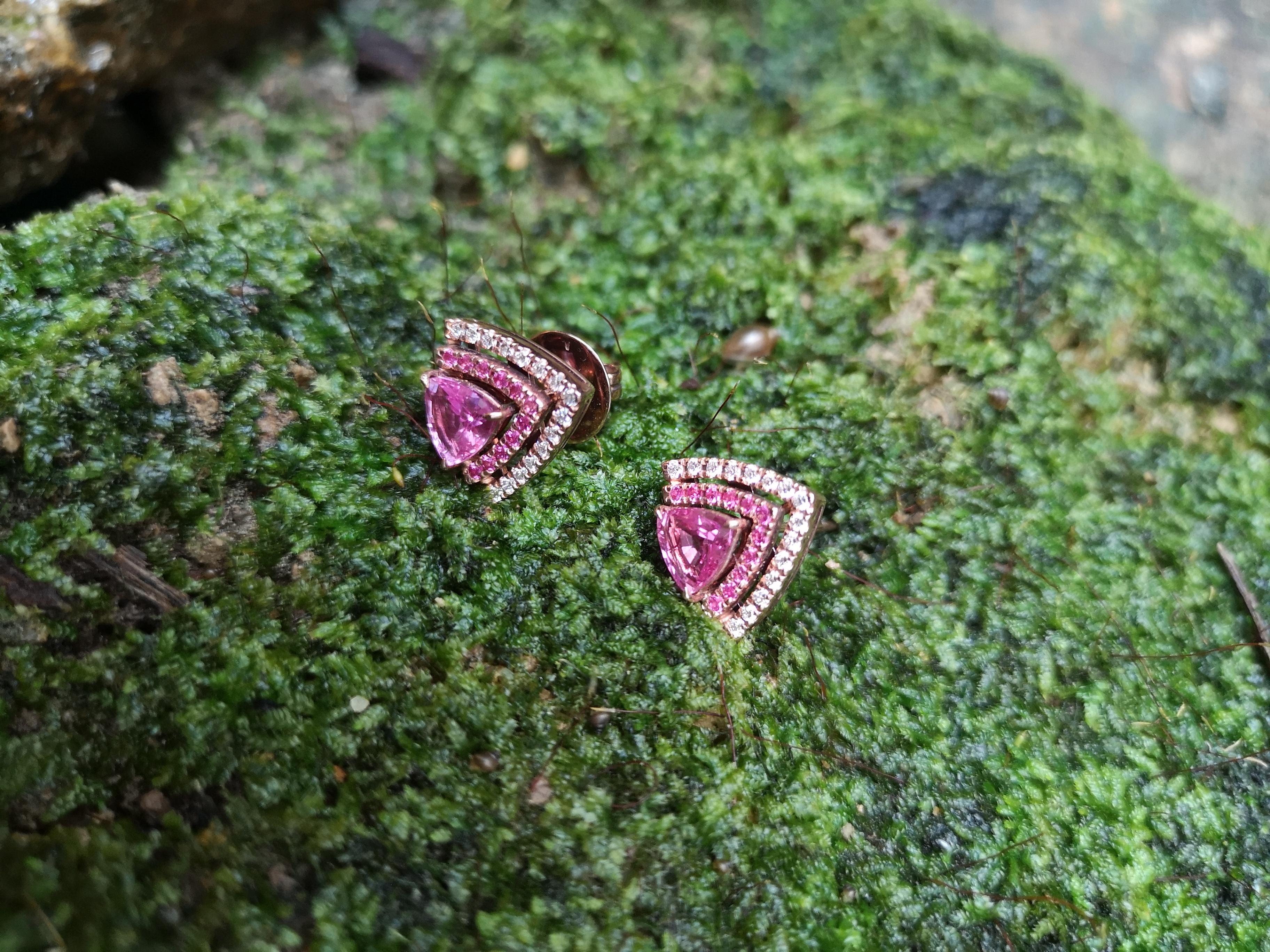 Trillion Cut Pink Sapphire with Diamond Earrings Set in 18 Karat Rose Gold Settings For Sale
