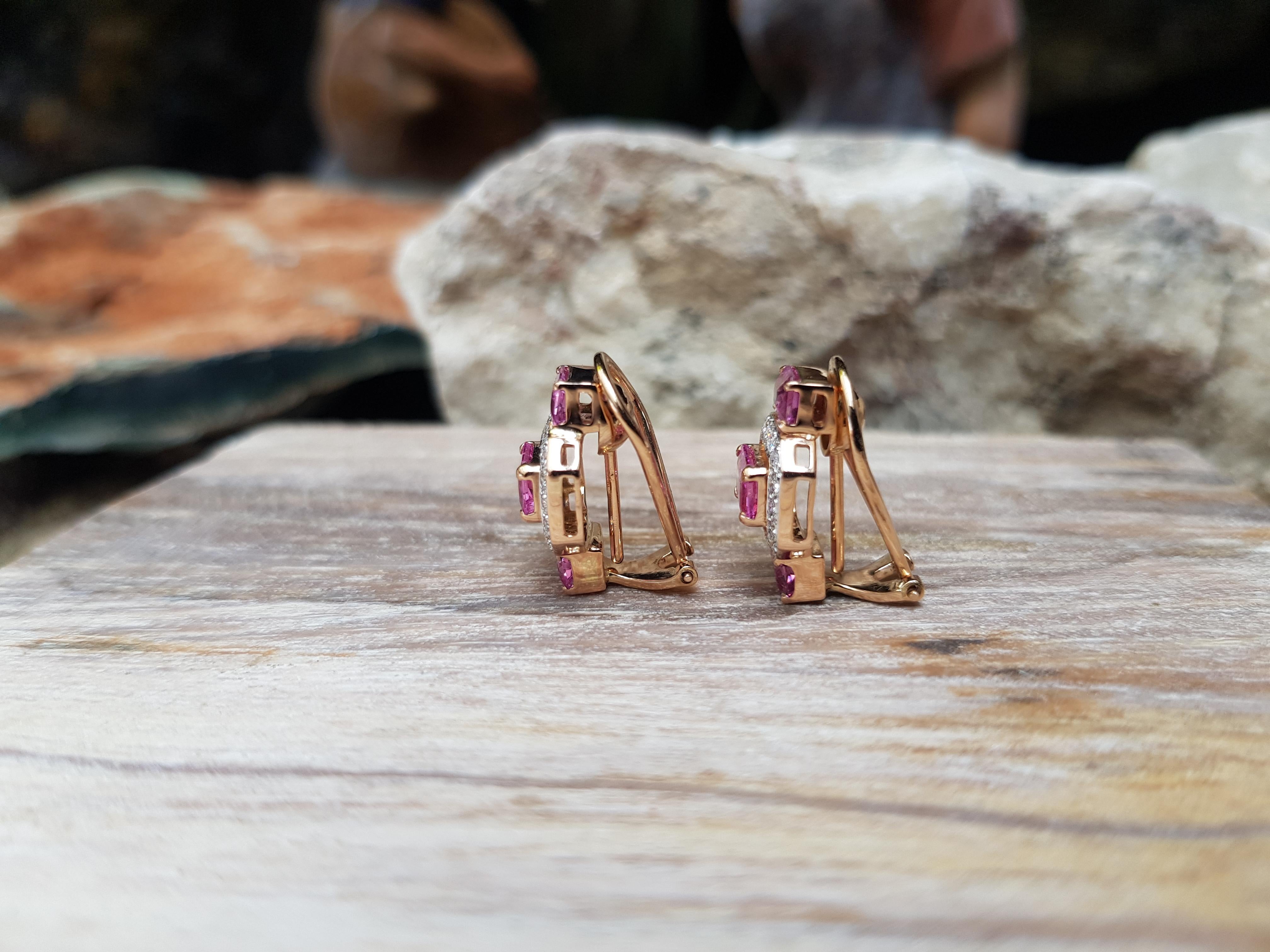 Emerald Cut Pink Sapphire with Diamond Earrings Set in 18 Karat Rose Gold Settings For Sale