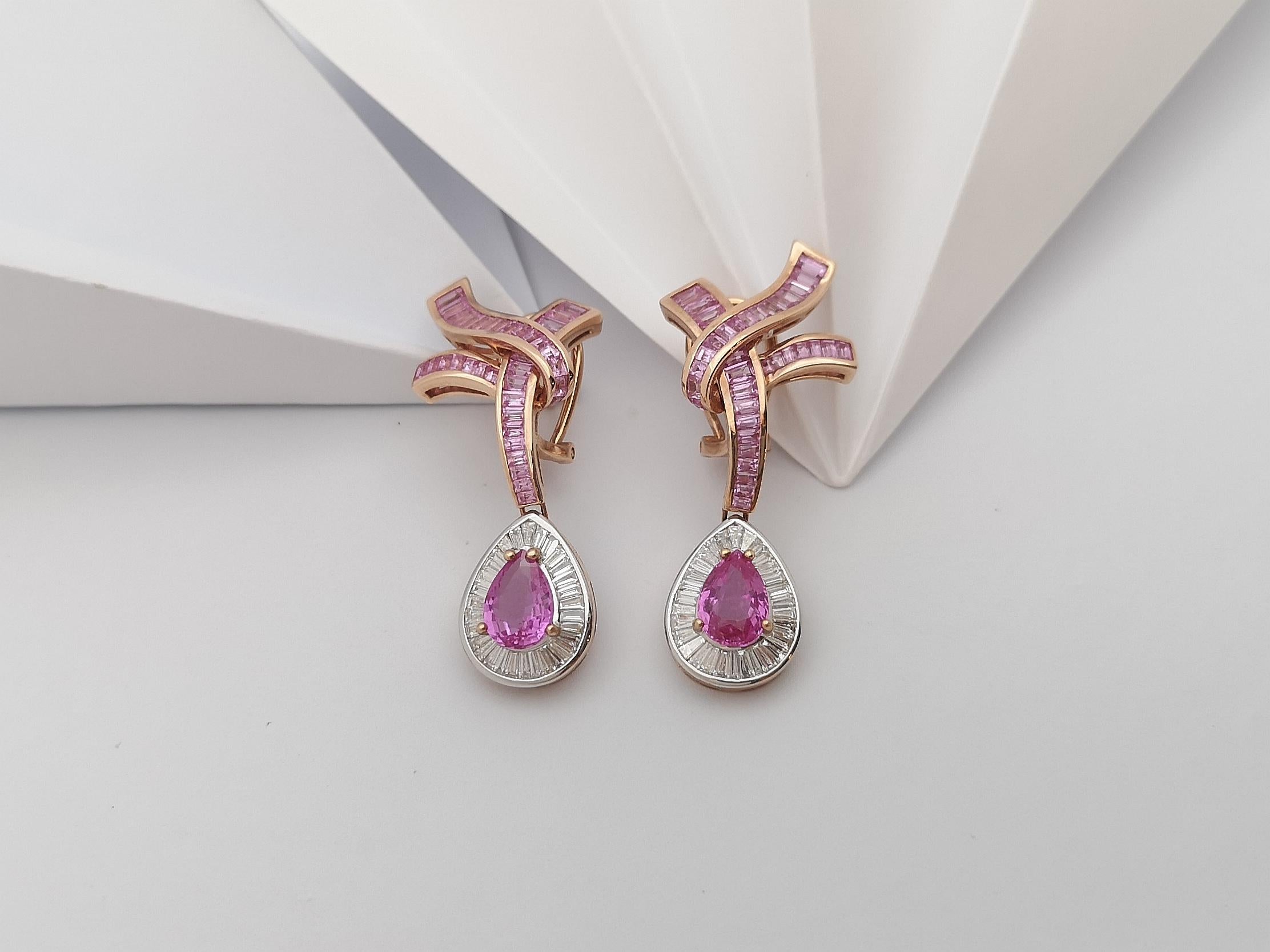 Pink Sapphire with Diamond Earrings Set in 18 Karat Rose Gold Settings In New Condition For Sale In Bangkok, TH