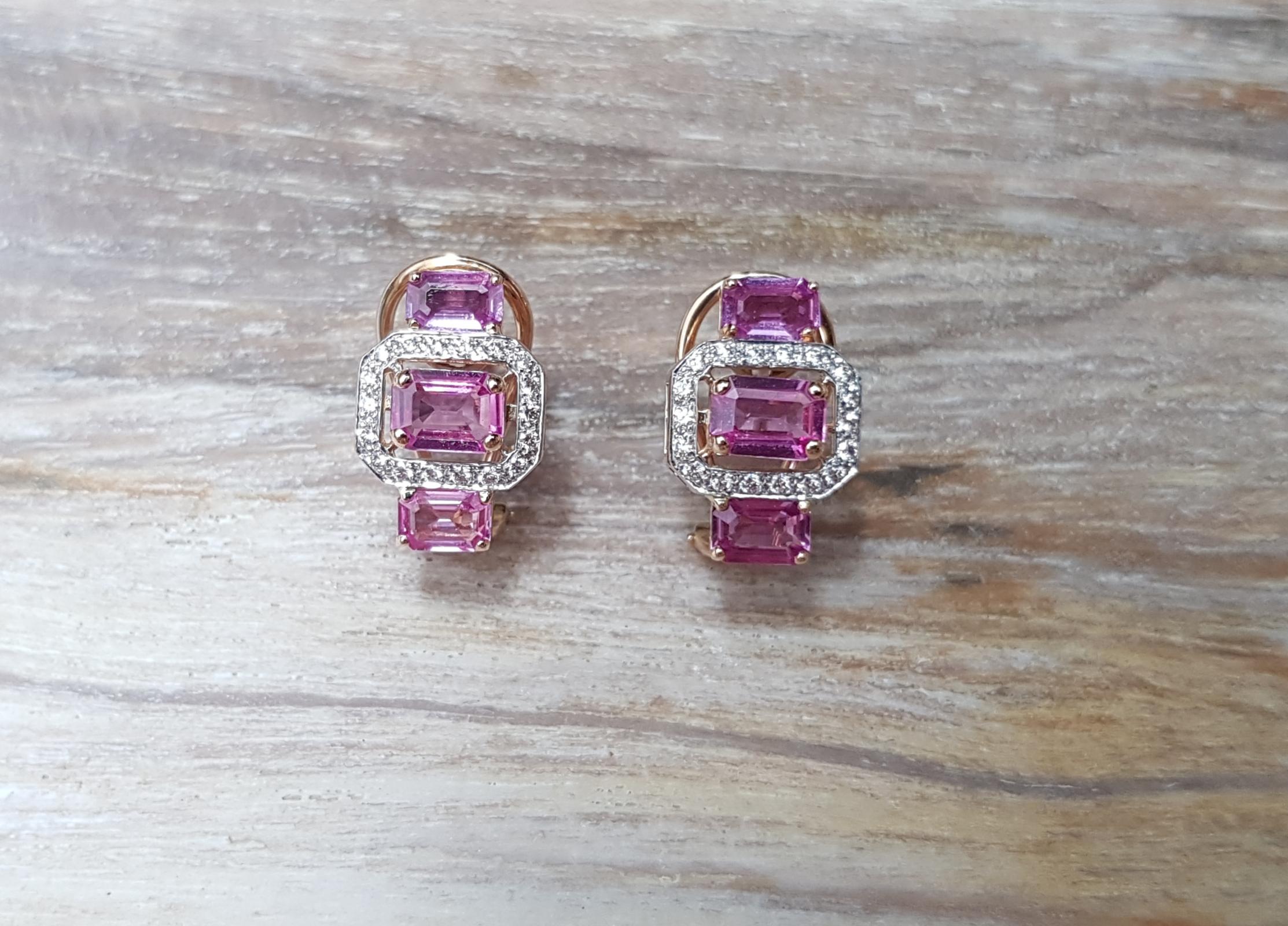 Women's Pink Sapphire with Diamond Earrings Set in 18 Karat Rose Gold Settings For Sale