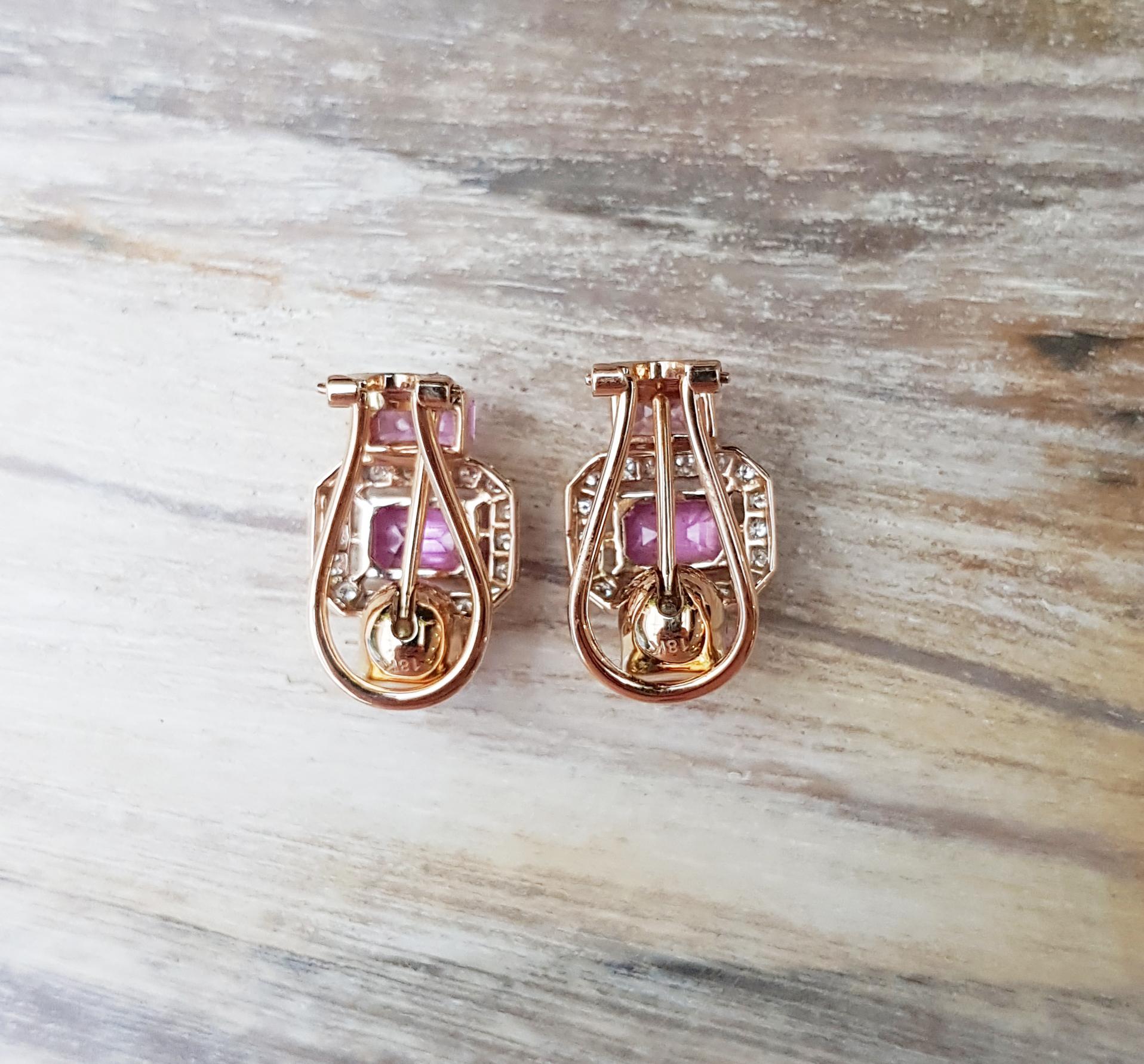 Pink Sapphire with Diamond Earrings Set in 18 Karat Rose Gold Settings For Sale 2