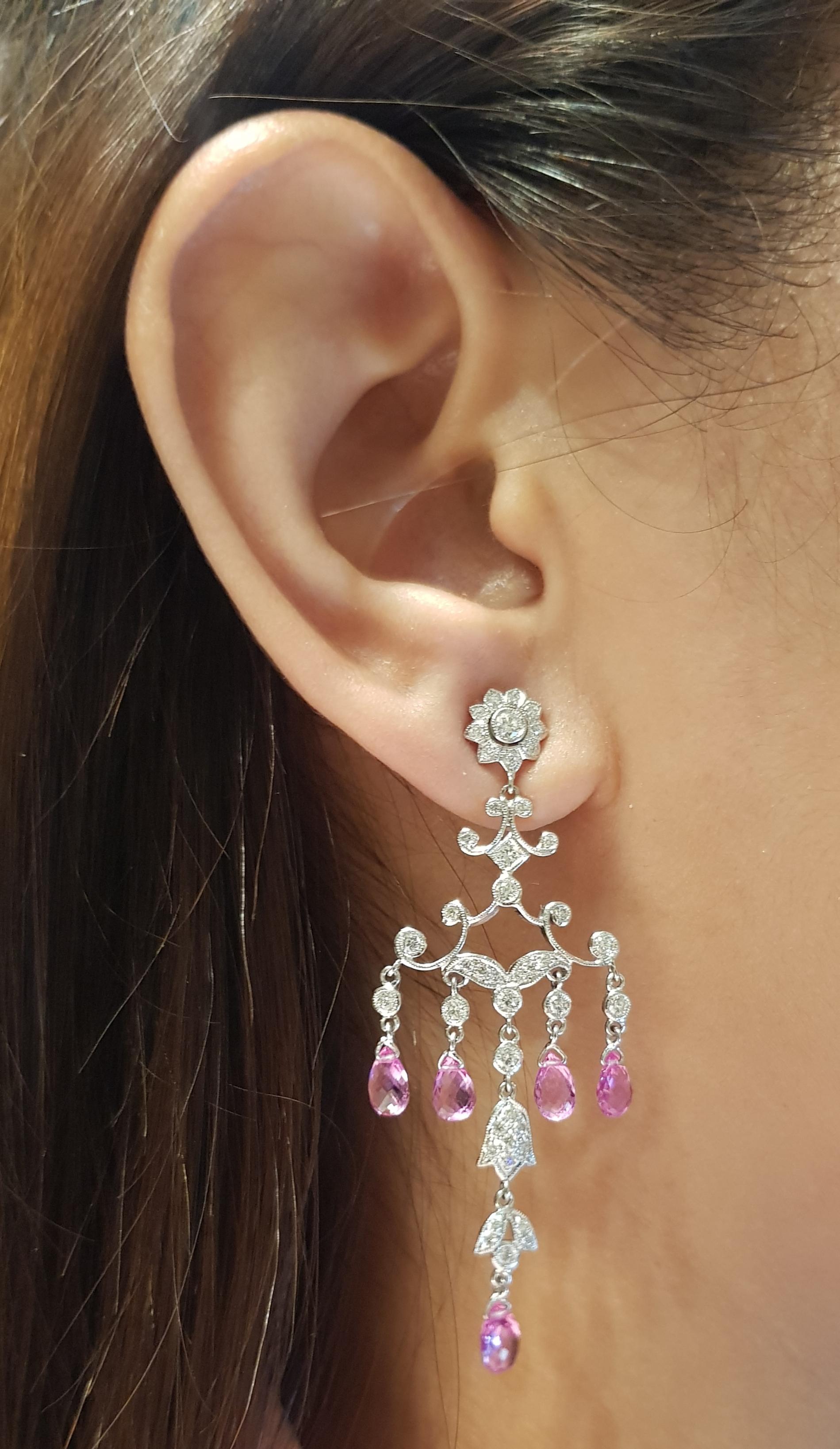 Pink Sapphire 5.56 carats with Diamond 1.0 carats Earrings set in 18 Karat White Gold Settings

Width:  2.1 cm 
Length: 6.0 cm
Total Weight: 8.62 grams

