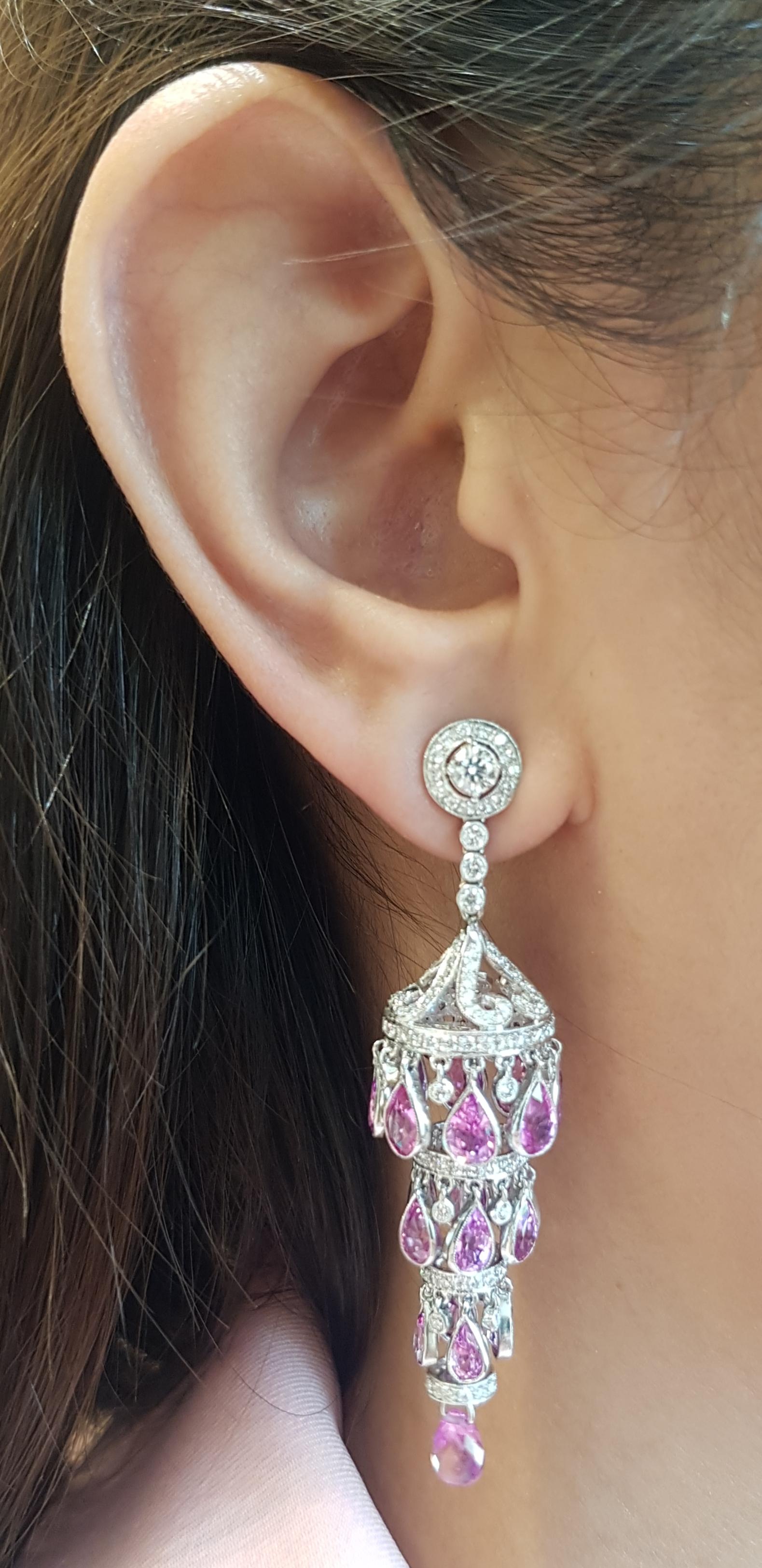 Pink Sapphire 13.35 carats with Diamond 2.69 carats Earrings set in 18 Karat White Gold Settings

Width:  1.5 cm 
Length: 6.0 cm
Total Weight: 20.74 grams

