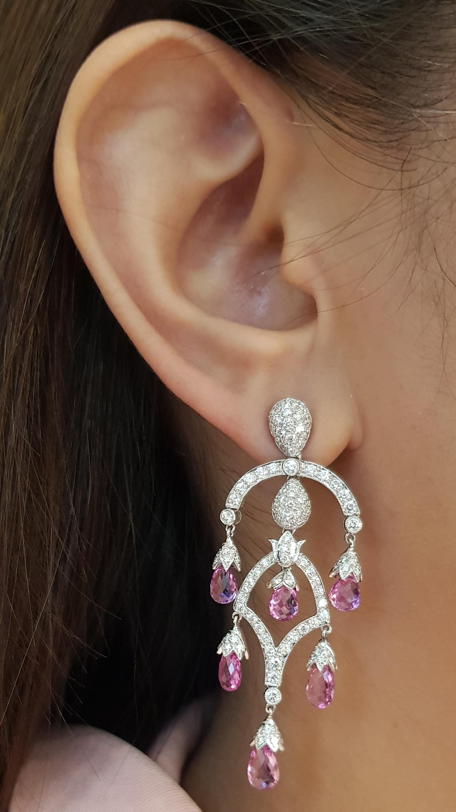 Pink Sapphire 9.09 carats with Diamond 2.24 carats Earrings set in 18 Karat White Gold Settings

Width:  2.0 cm 
Length:  5.2 cm
Total Weight: 15.4 grams

