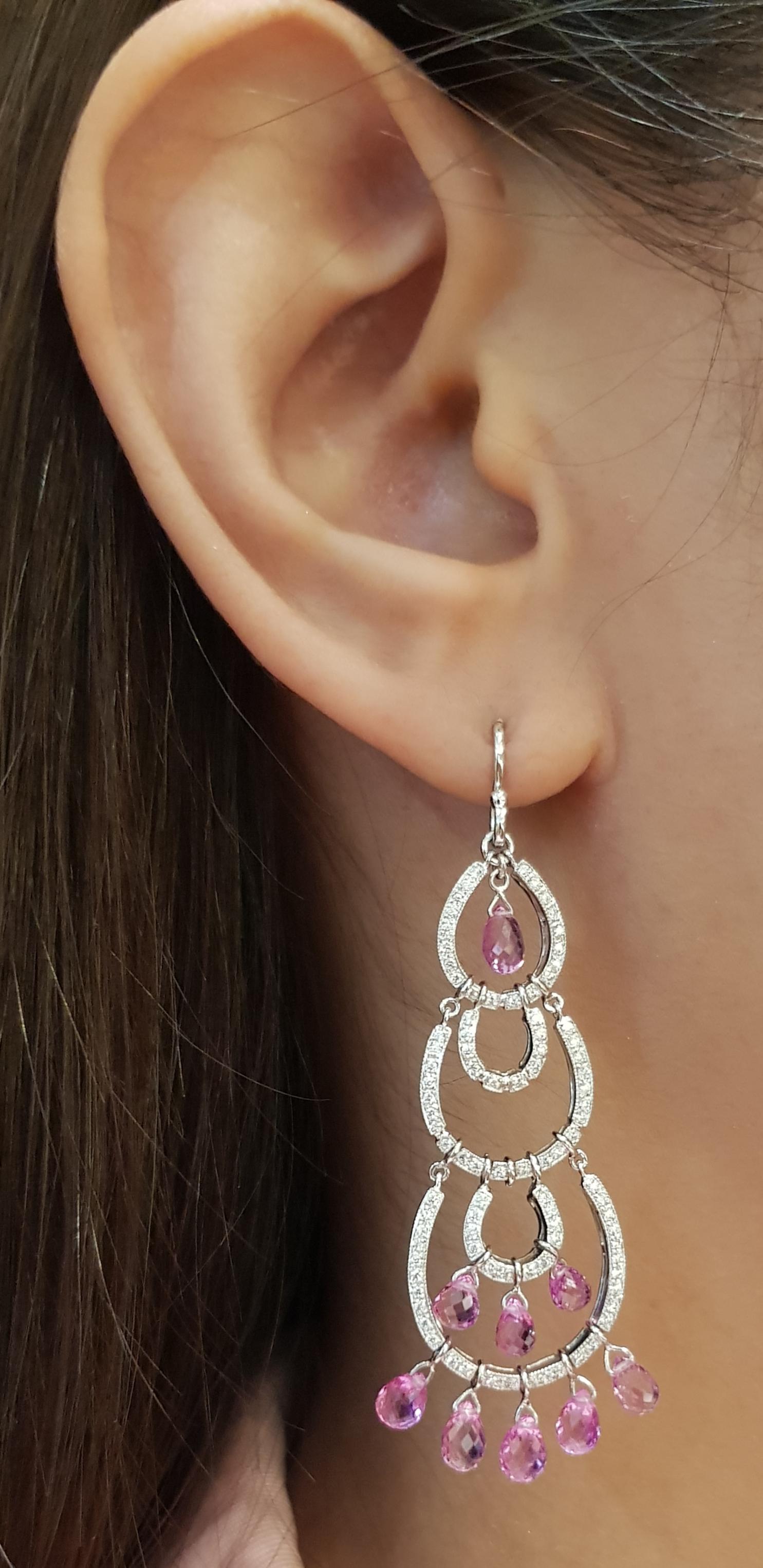 Pink Sapphire 7.50 carats with Diamond 0.45 carat Earrings set in 18 Karat White Gold Settings

Width:  1.6 cm 
Length:  5.4 cm
Total Weight: 8.04 grams

