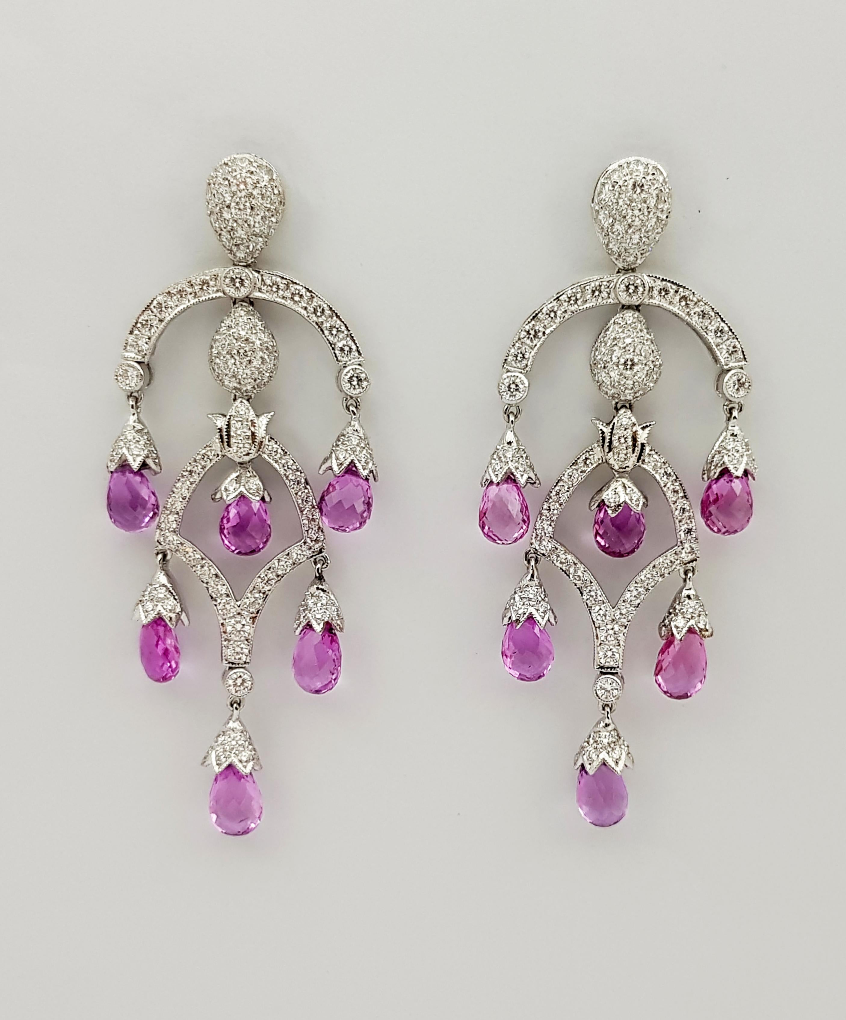 Art Deco Pink Sapphire with Diamond Earrings Set in 18 Karat White Gold Settings For Sale