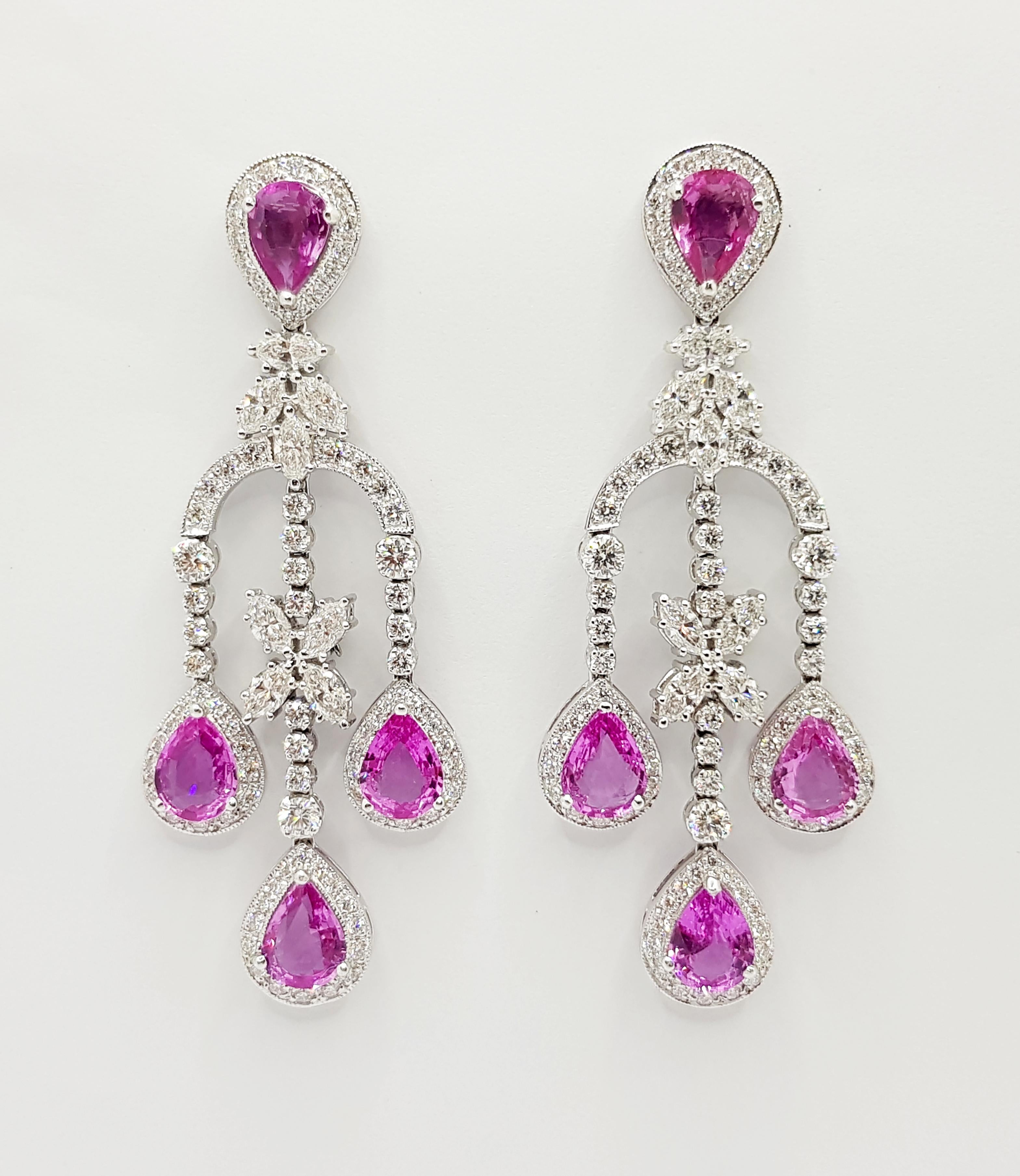 Contemporary Pink Sapphire with Diamond Earrings Set in 18 Karat White Gold Settings For Sale