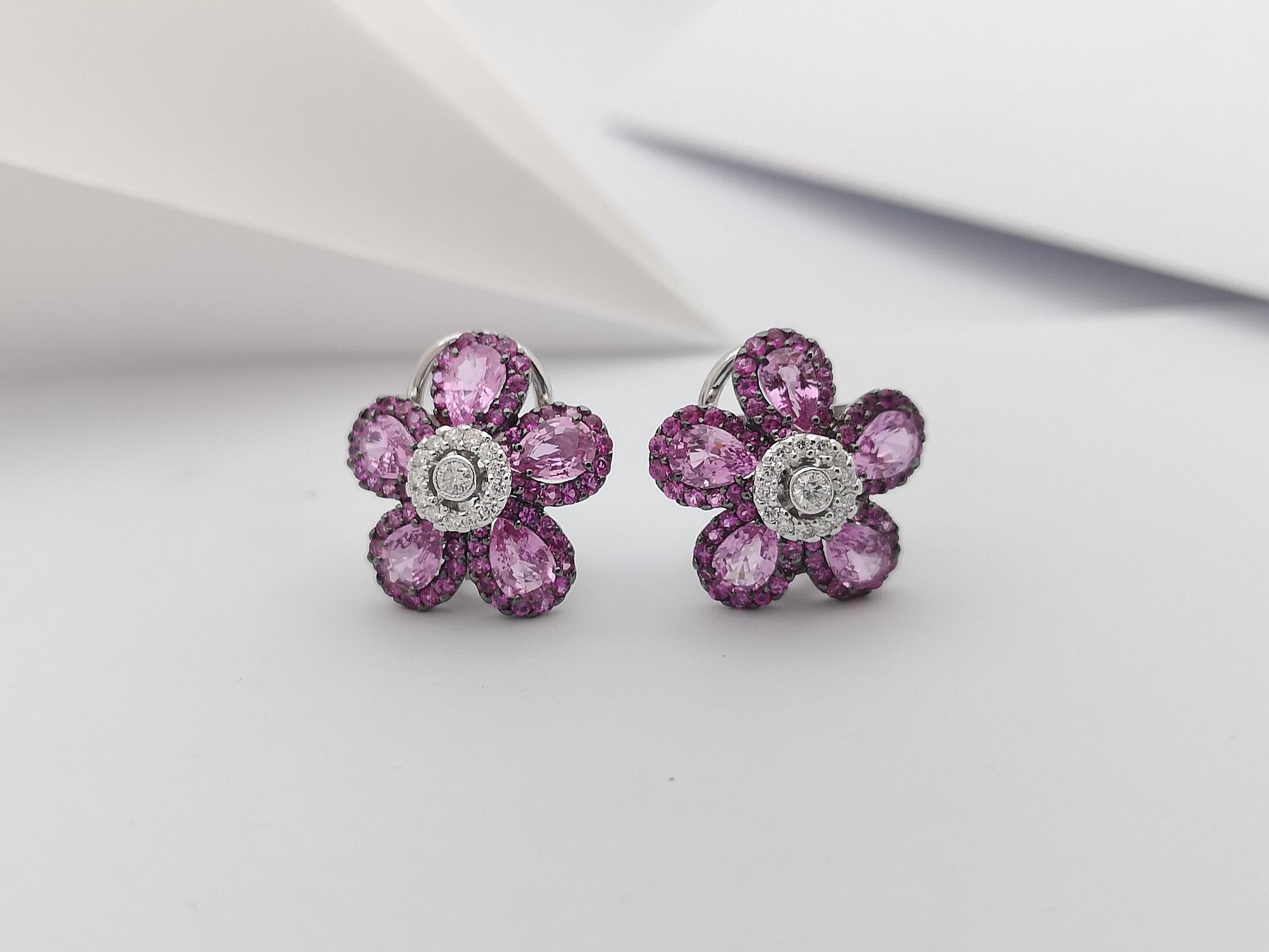 Mixed Cut Pink Sapphire with Diamond Earrings Set in 18 Karat White Gold Settings For Sale