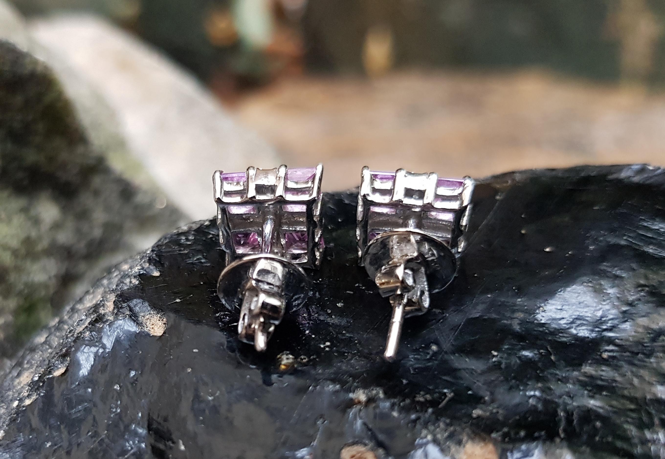 Princess Cut Pink Sapphire with Diamond Earrings Set in 18 Karat White Gold Settings For Sale