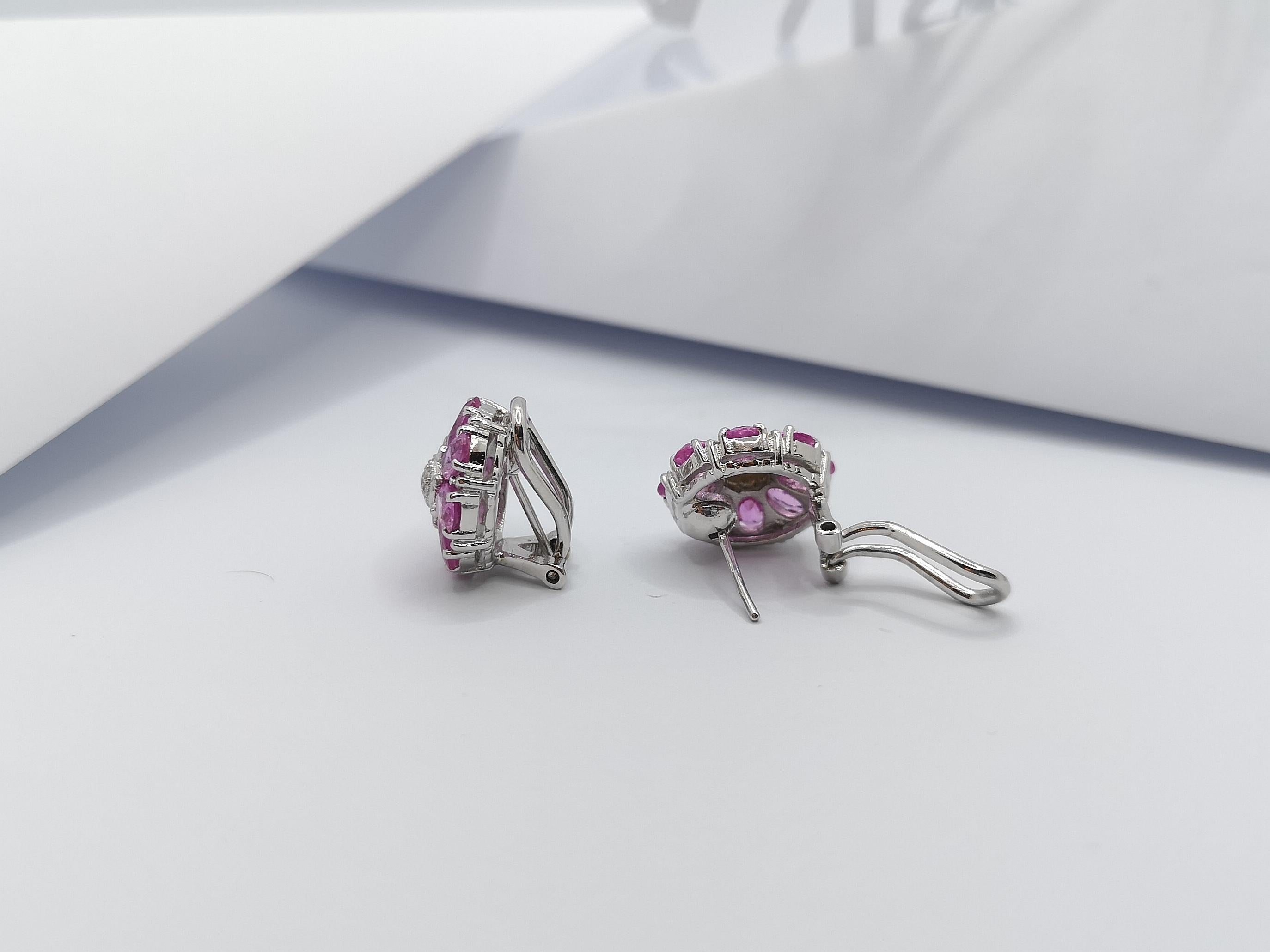 Oval Cut Pink Sapphire with Diamond Earrings Set in 18 Karat White Gold Settings For Sale