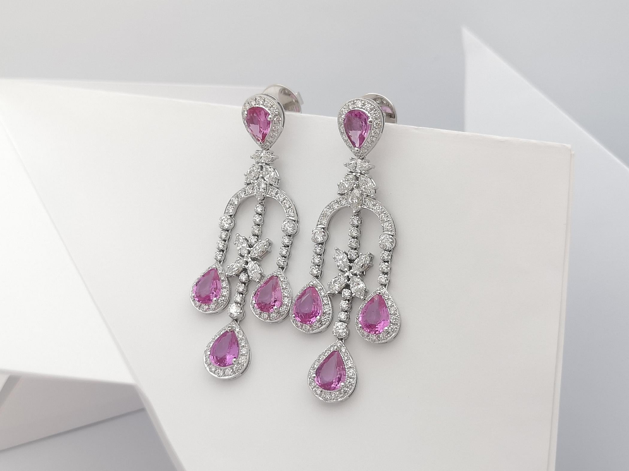 Pink Sapphire with Diamond Earrings Set in 18 Karat White Gold Settings In New Condition For Sale In Bangkok, TH