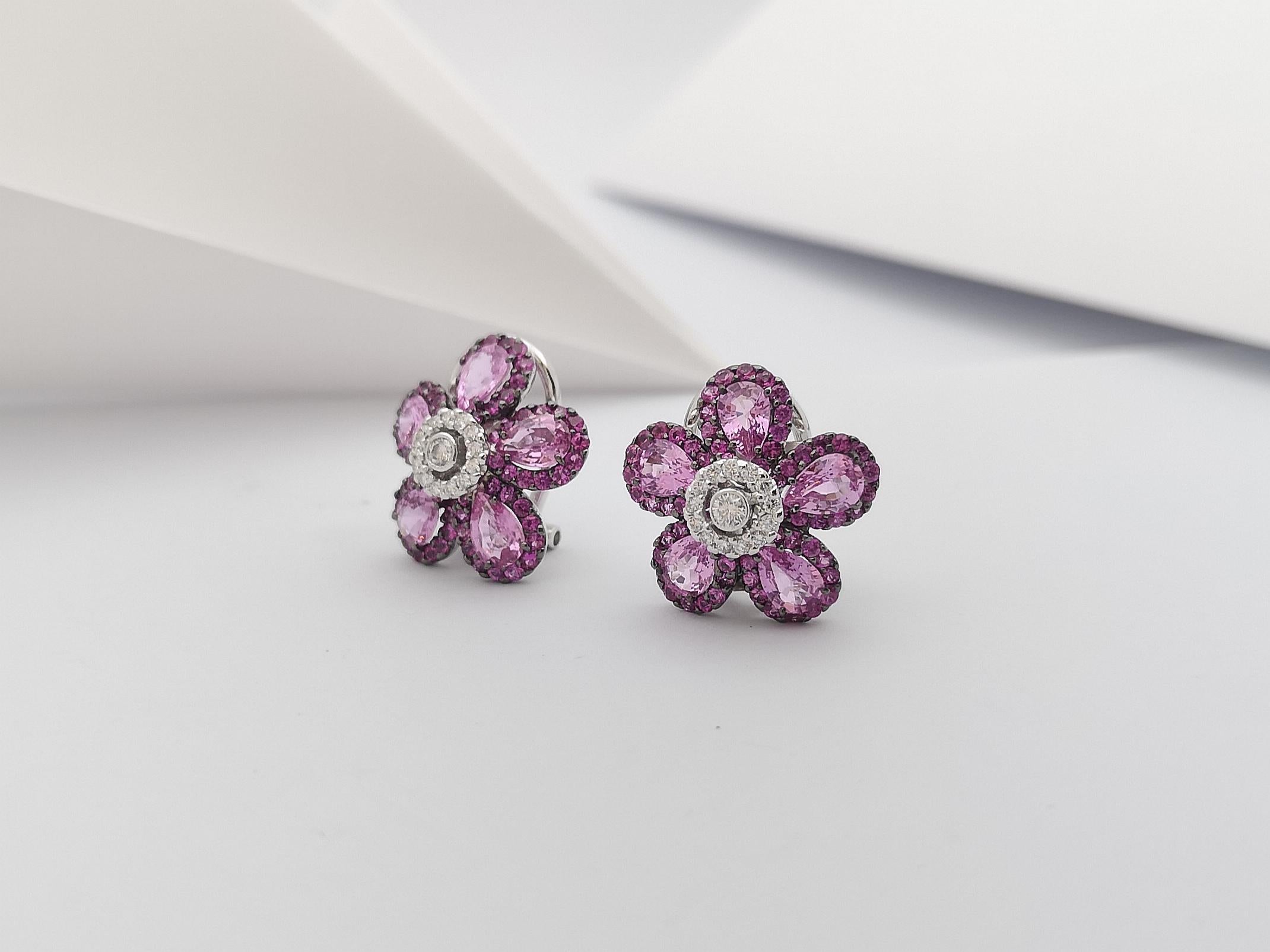 Pink Sapphire with Diamond Earrings Set in 18 Karat White Gold Settings In New Condition For Sale In Bangkok, TH