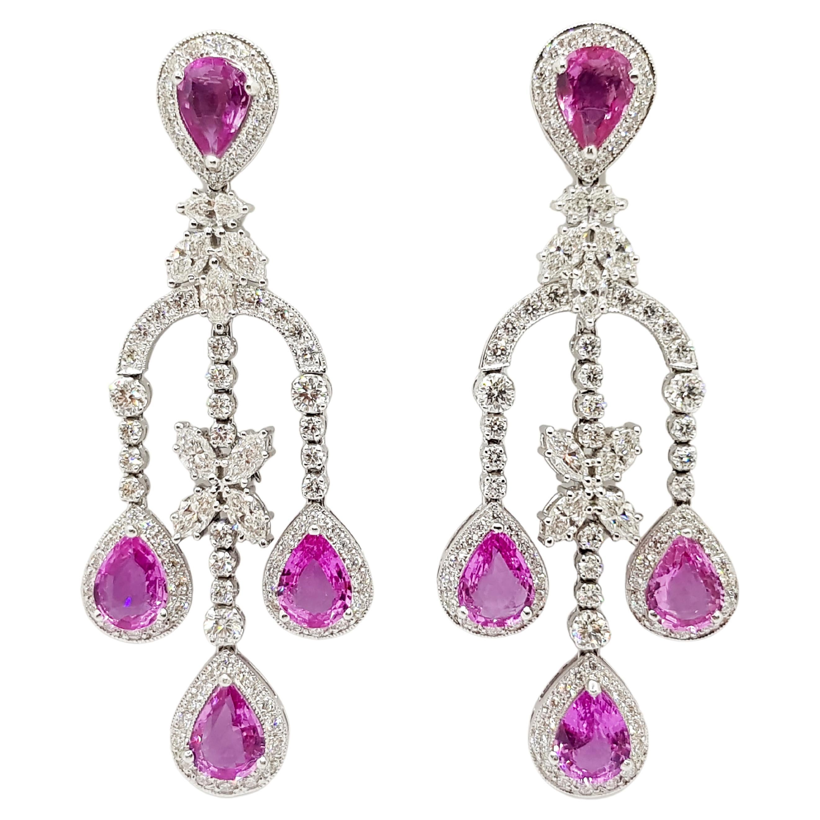 Pink Sapphire with Diamond Earrings Set in 18 Karat White Gold Settings For Sale