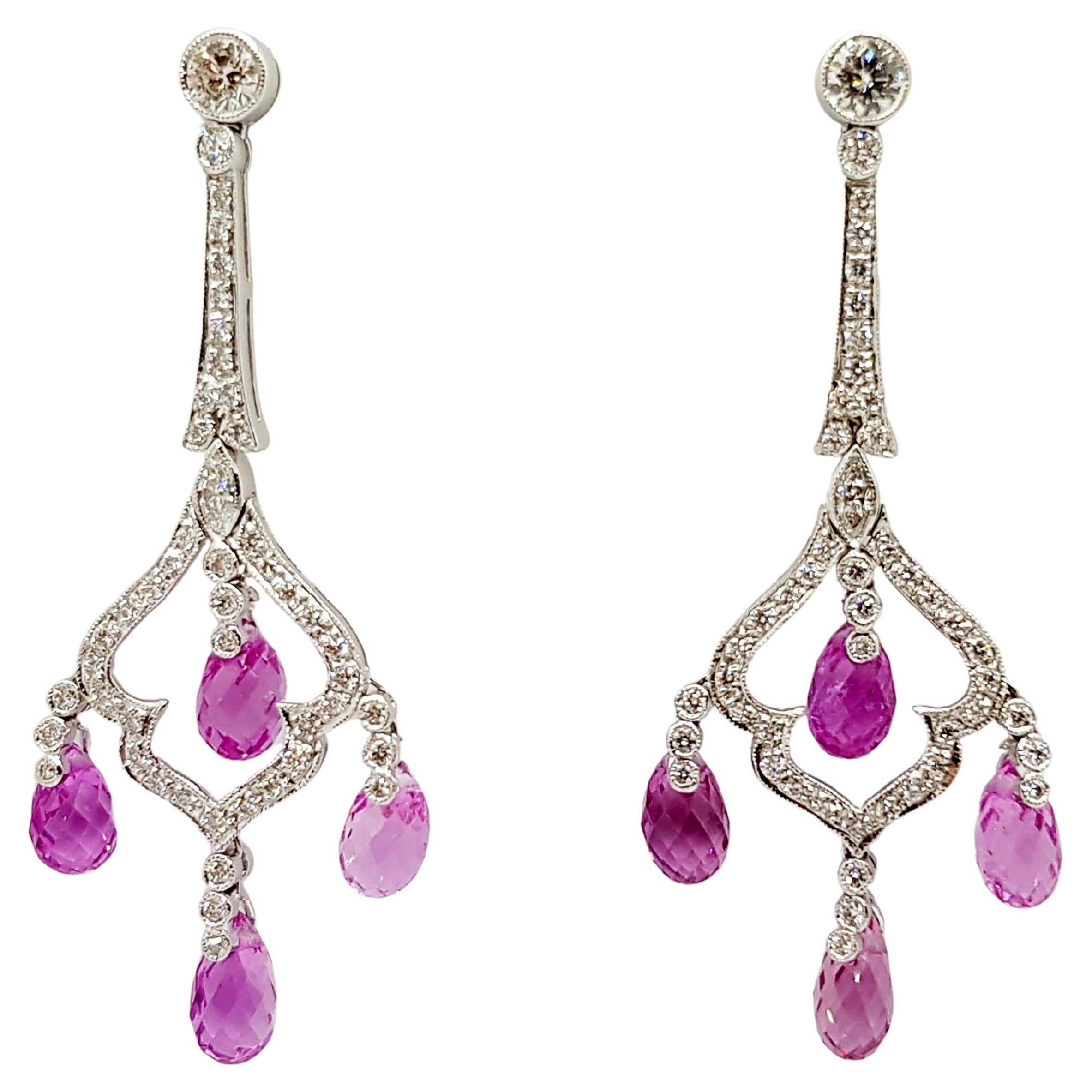 Pink Sapphire with Diamond Earrings Set in 18 Karat White Gold Settings For Sale