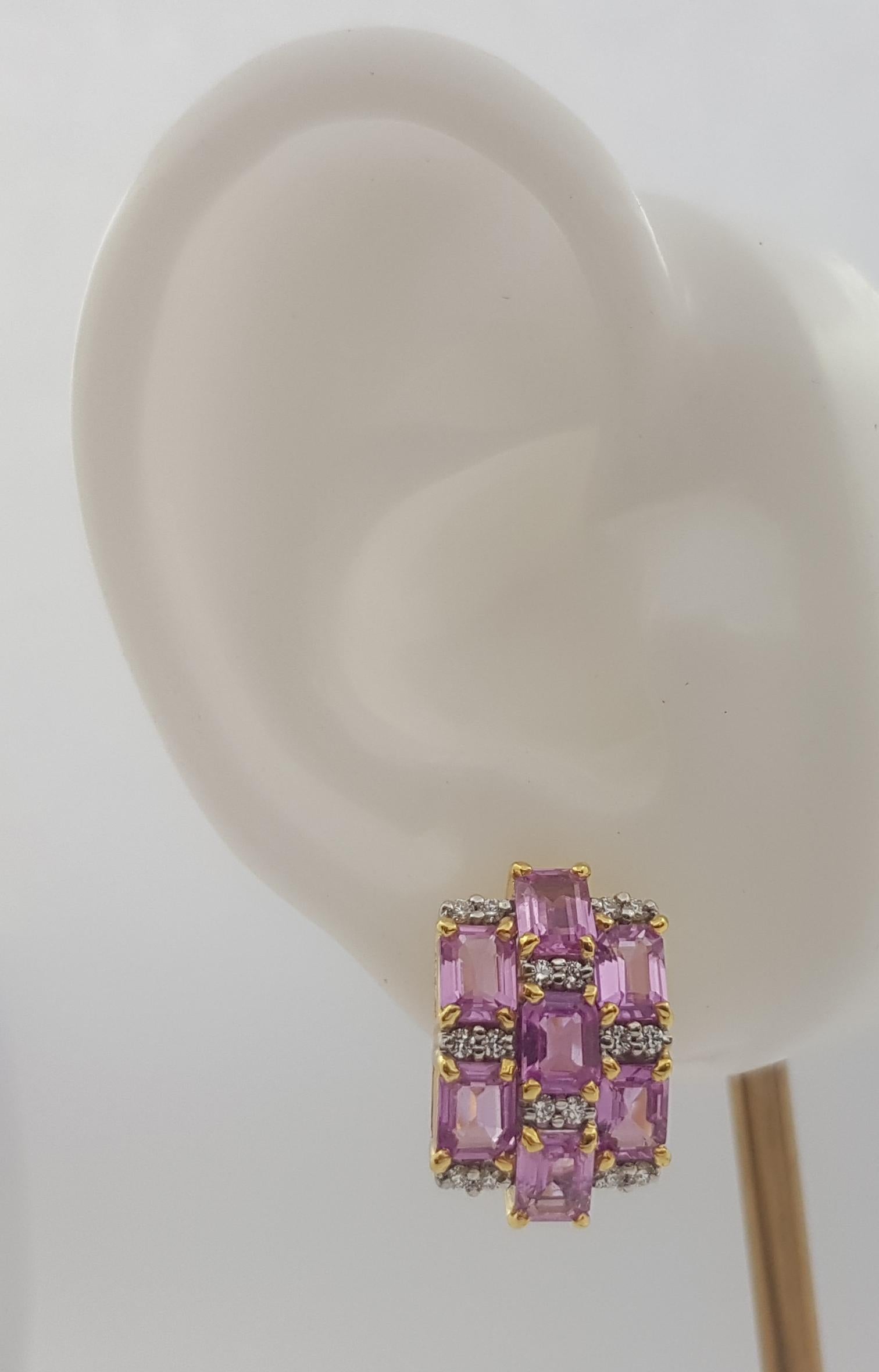 Emerald Cut Pink Sapphire with Diamond Earrings set in 18K Gold Settings For Sale