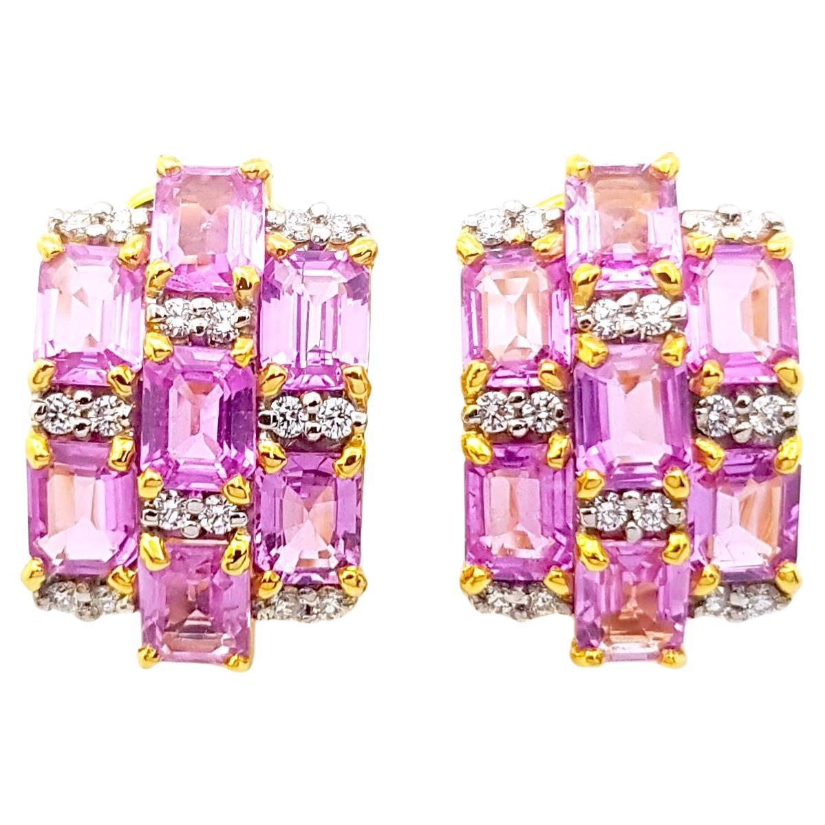 Pink Sapphire with Diamond Earrings set in 18K Gold Settings For Sale